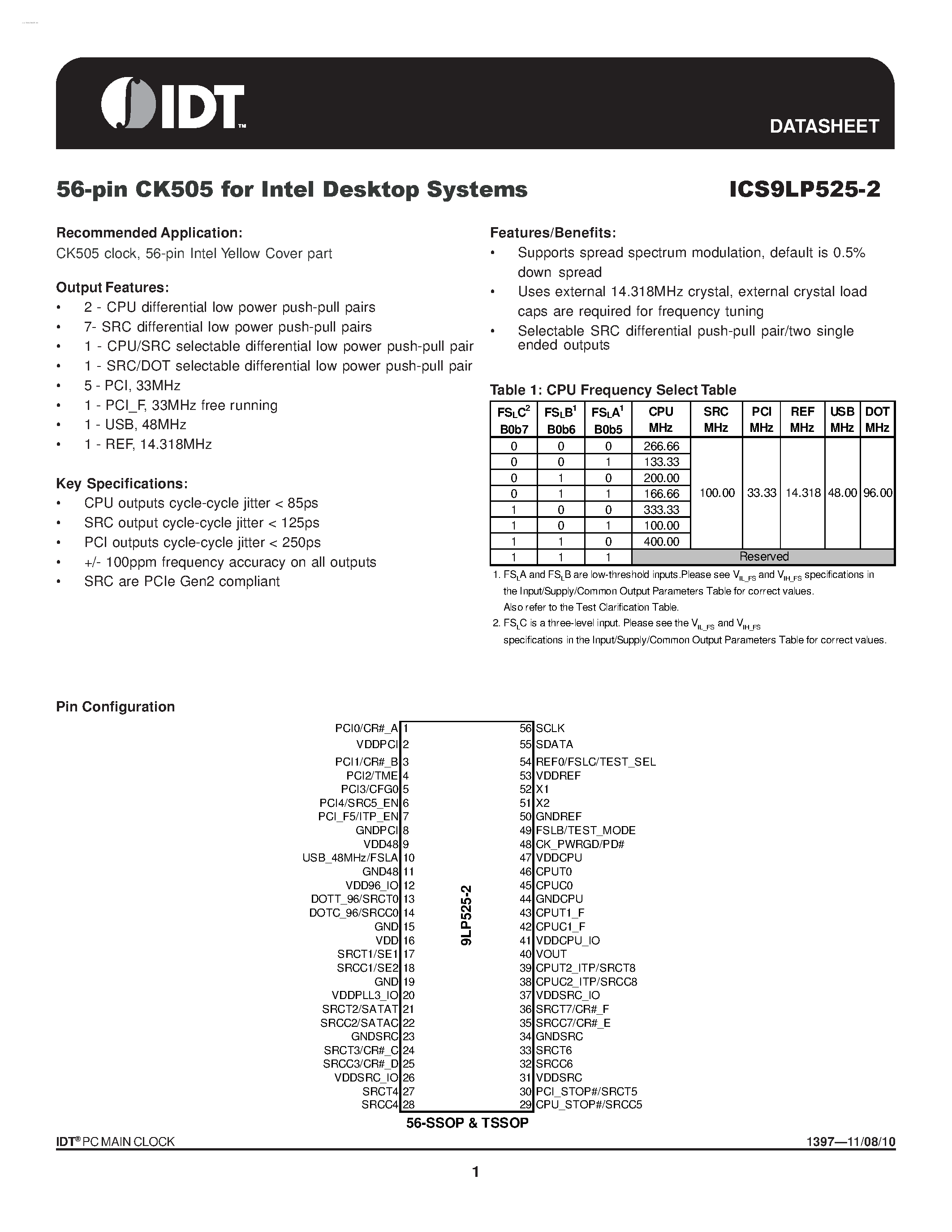 Datasheet ICS9LP525-2 - 56-pin CK505 page 1