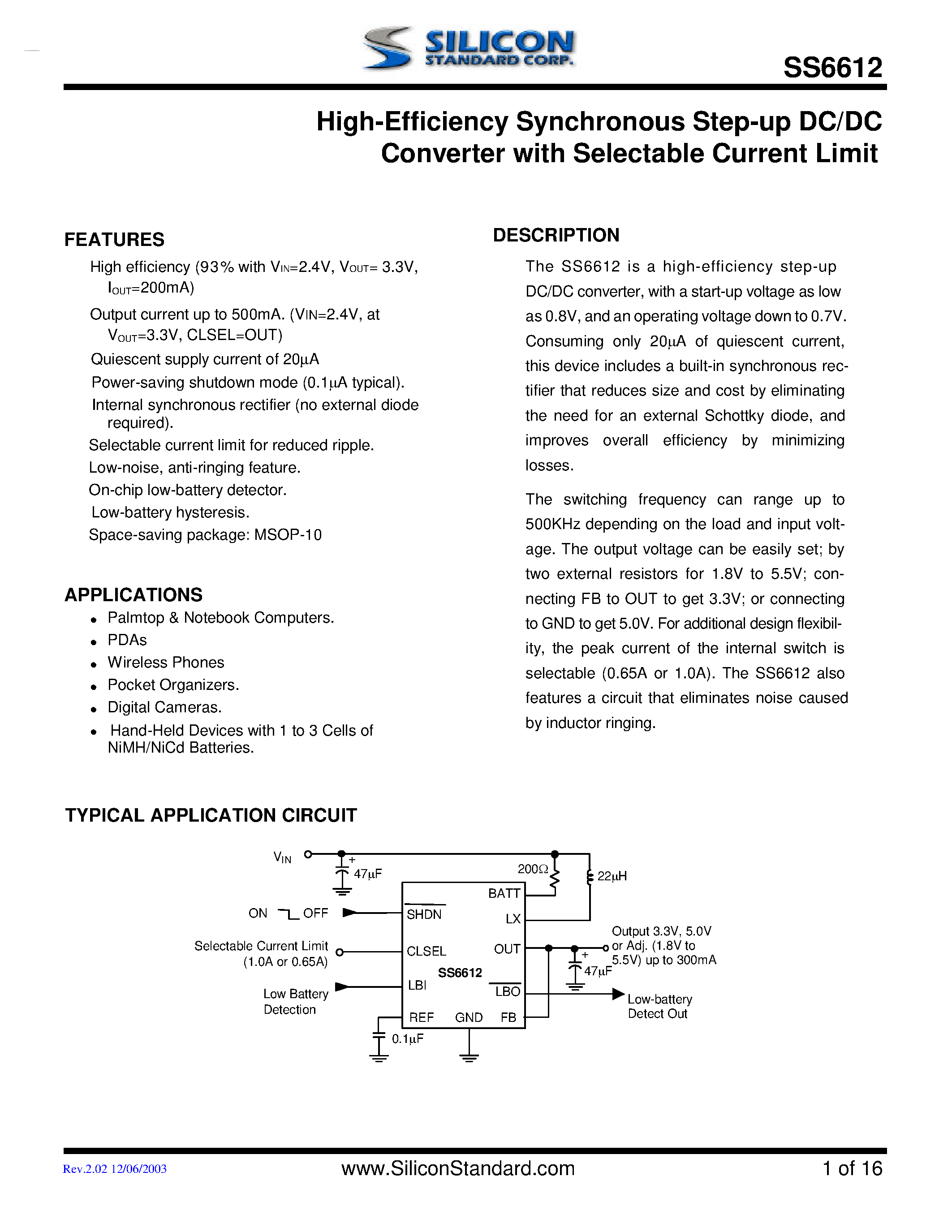 Даташит на микросхему SS6612 страница 1 Даташит SS6612 - High-Efficiency Synchronous Step-up DC/DC Converter страница 1