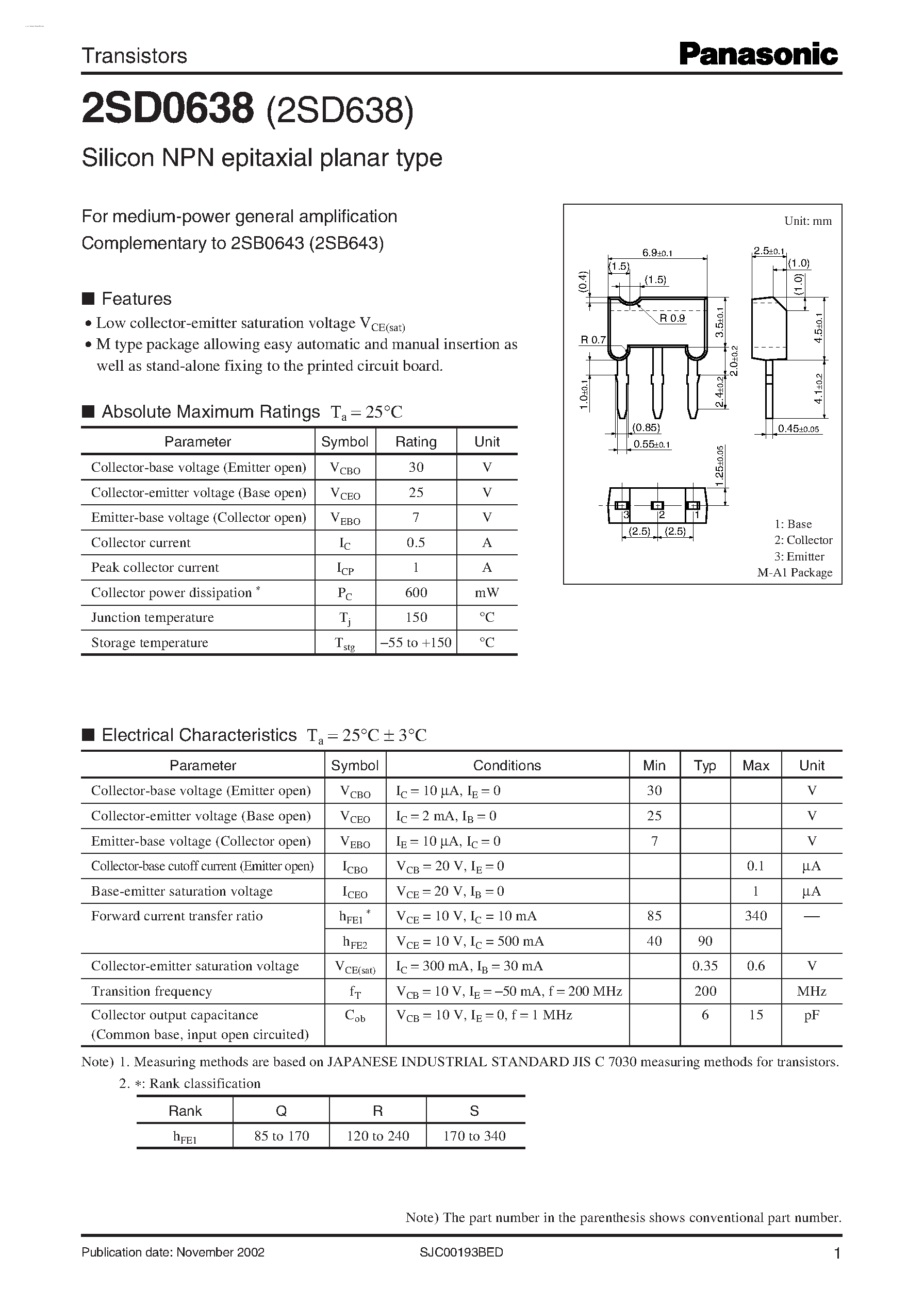 2SD0638 Datasheet Panasonic Semiconductor pdf data sheet FREE from www ...