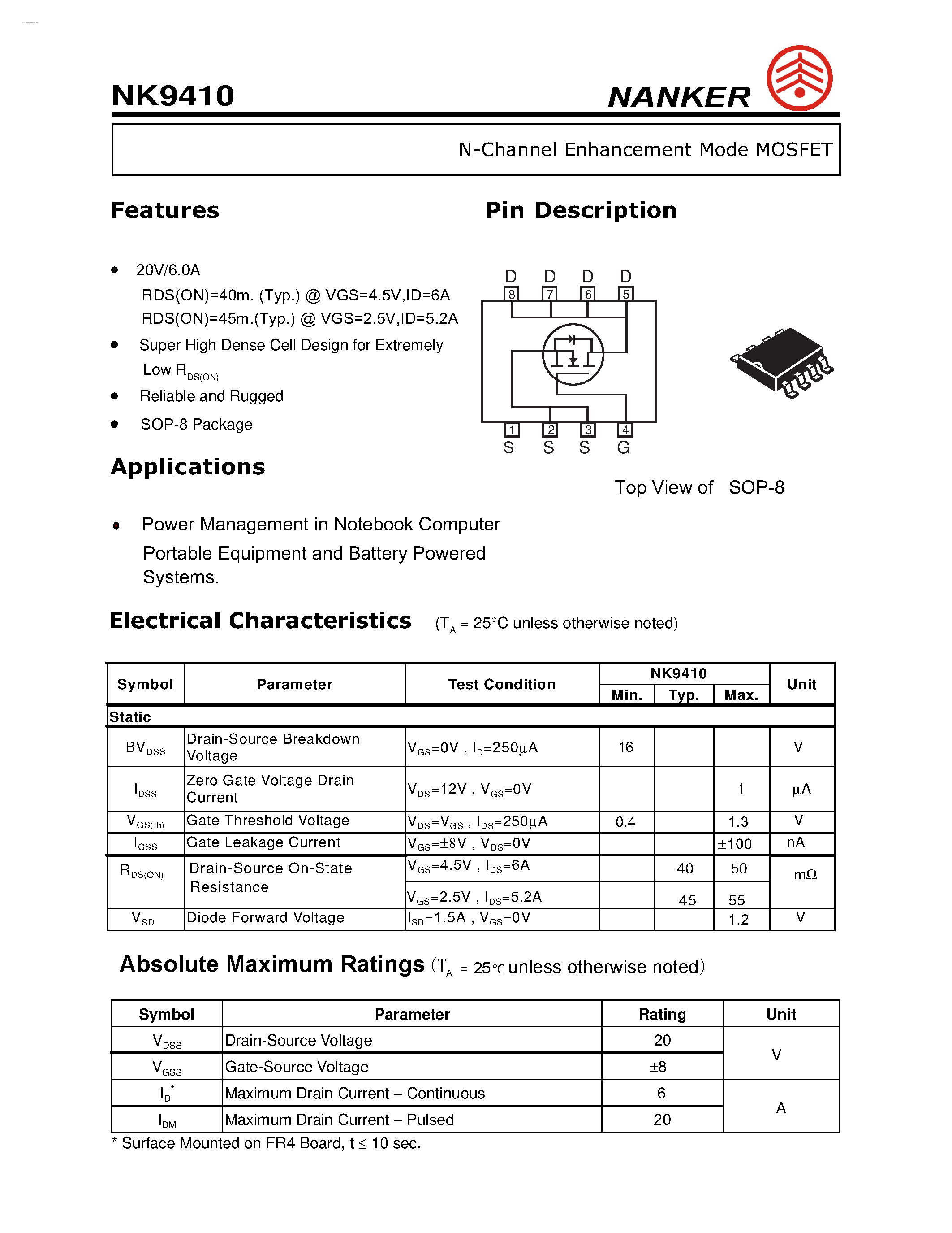 Datasheet NK9410 - N-Channel Enhancement Mode MOSFET page 1