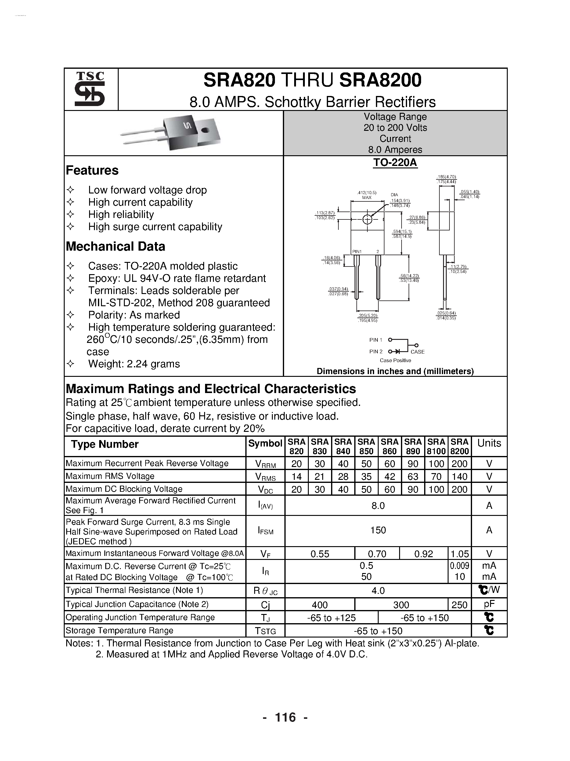 Datasheet SRA820 - (SRA820 - SRA8200) Schottky Barrier Rectifiers page 1