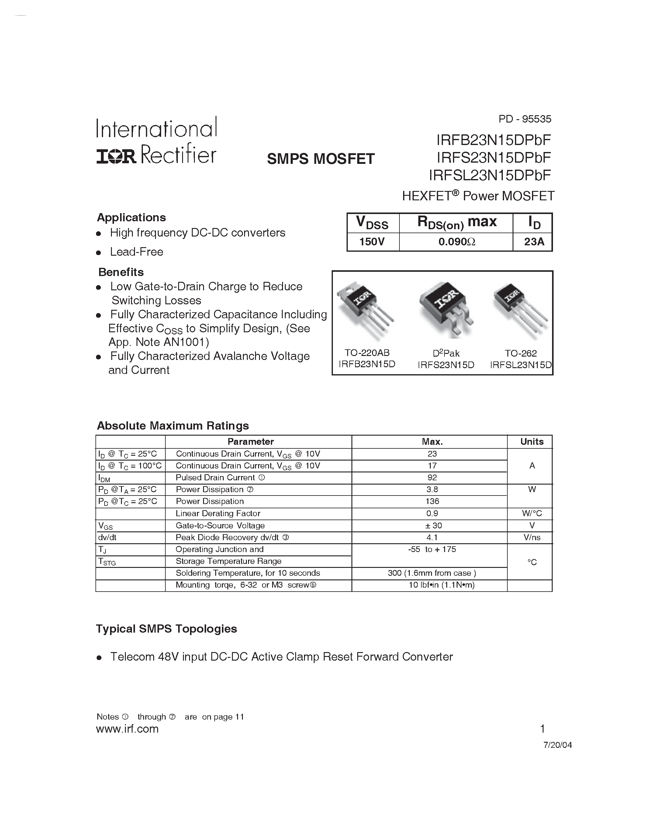Datasheet IRFS23N15DPBF - HEXFET Power MOSFET page 1
