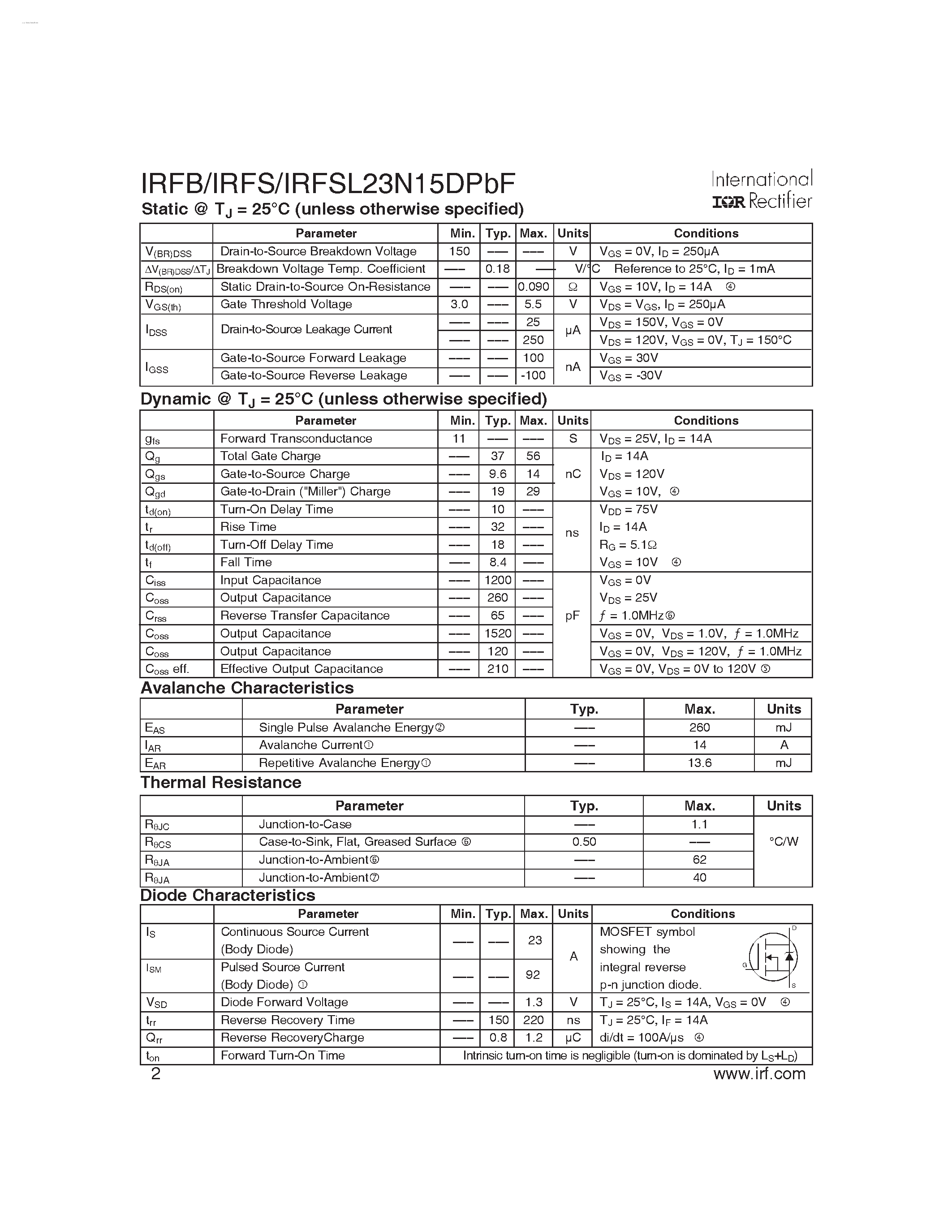 Datasheet IRFS23N15DPBF - HEXFET Power MOSFET page 2