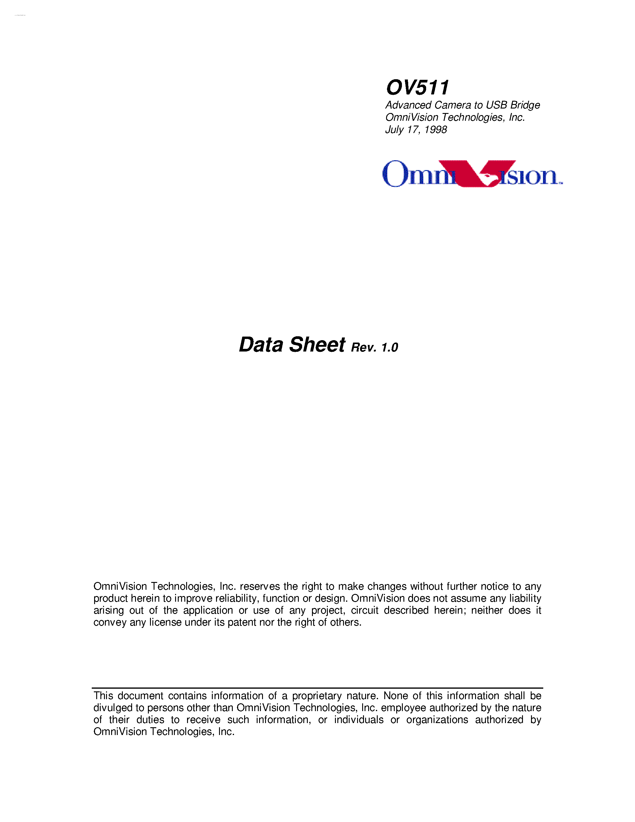 Datasheet OV511 page 1 Datasheet OV511 - Advanced Camera to USB Bridge page 1