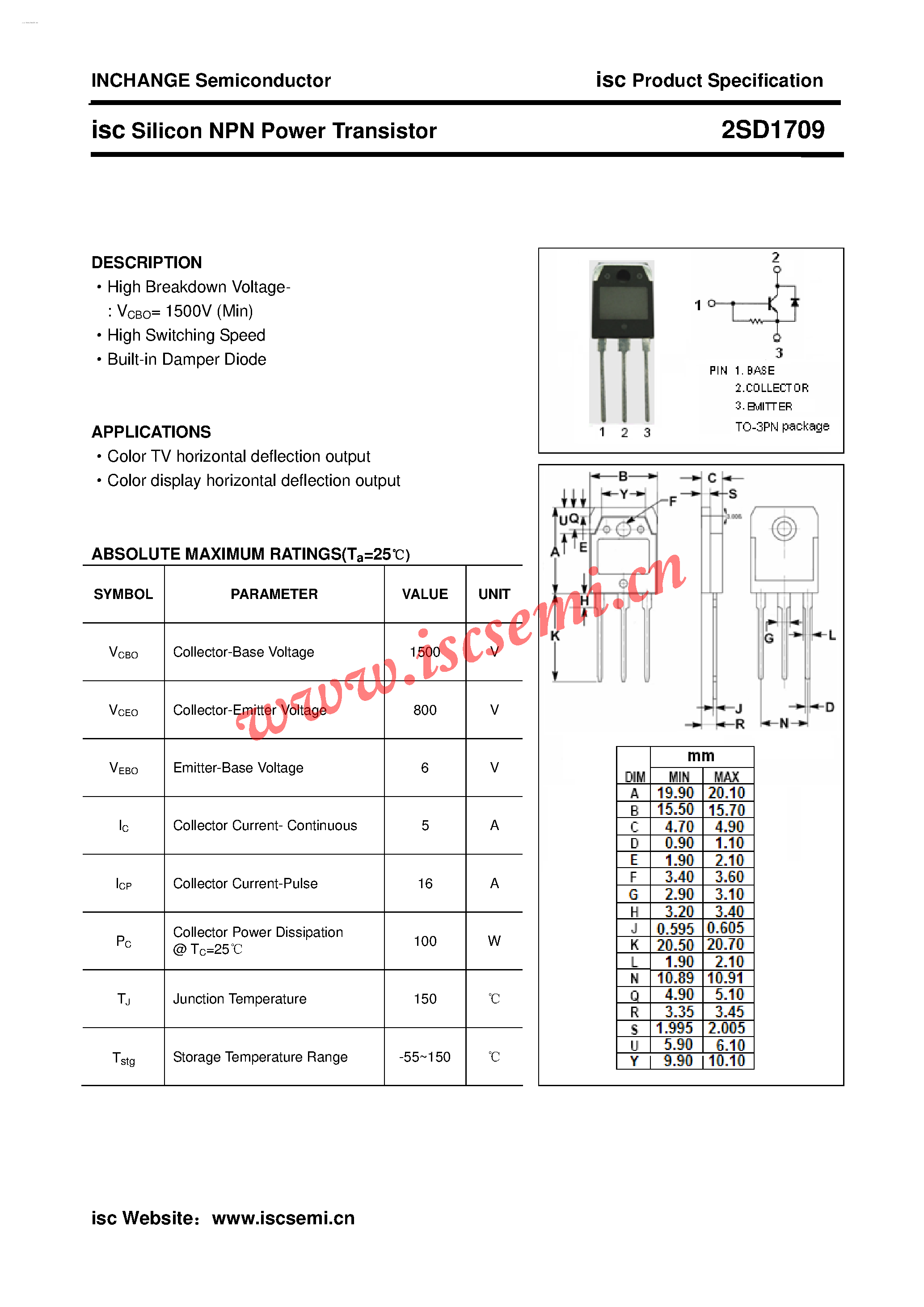 Datasheet 2SD1709 - Silicon NPN Power Transistor page 1