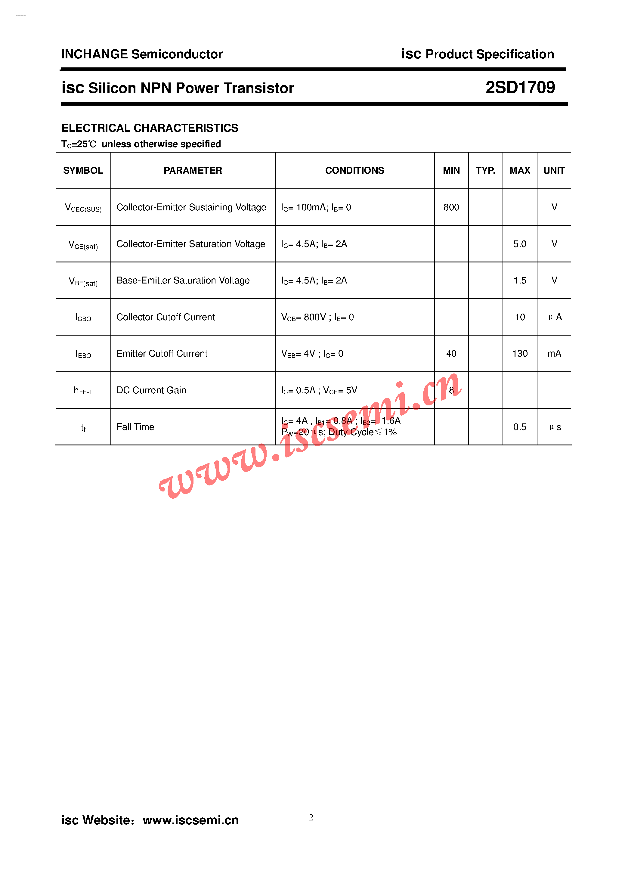 Datasheet 2SD1709 - Silicon NPN Power Transistor page 2