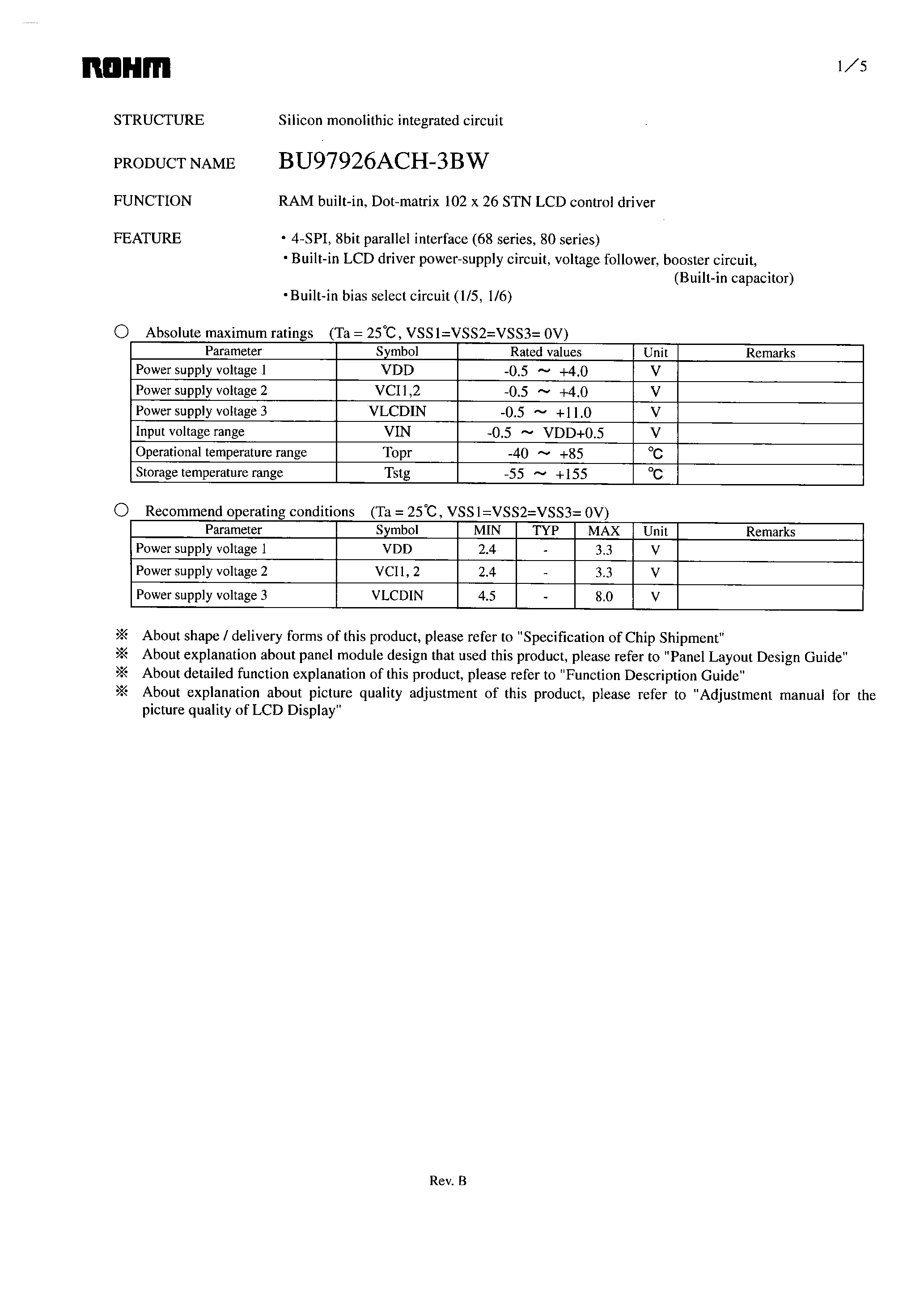Даташит на микросхему BU97926ACH-3BW страница 1 Даташит BU97926ACH-3BW - Dot-matrix 102 x 26 STN LCD control driver страница 1