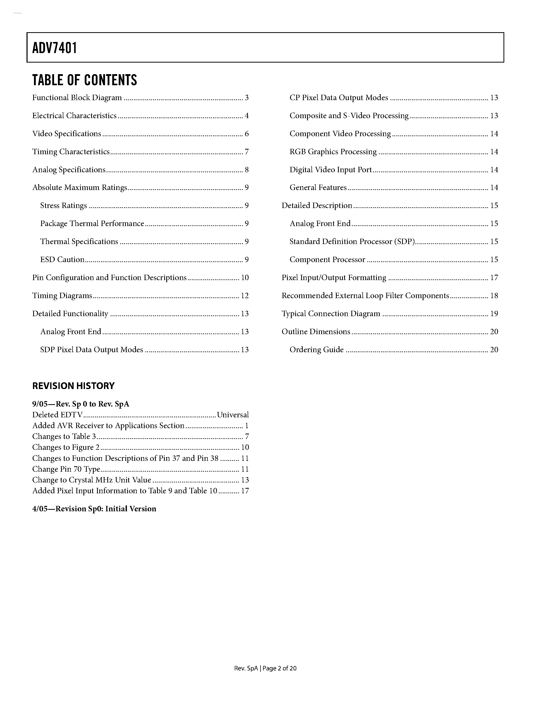 Datasheet ADV7401 page 2 Datasheet ADV7401 - Multiformat SDTV/HDTV Video Decoder and RGB Graphics Digitizer page 2