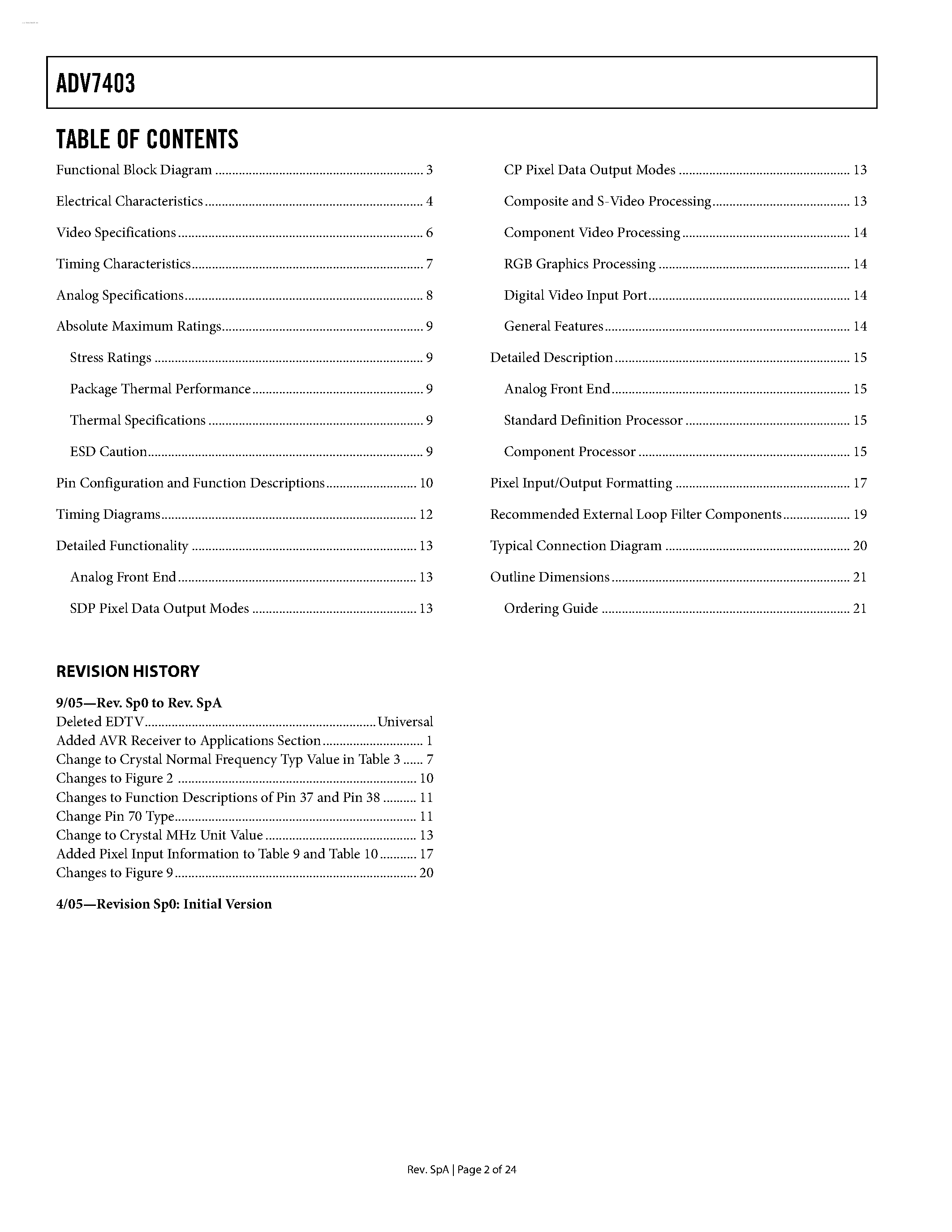 Даташит ADV7403 - Multiformat SDTV/HDTV Video Decoder and RGB Graphics Digitizer страница 2
