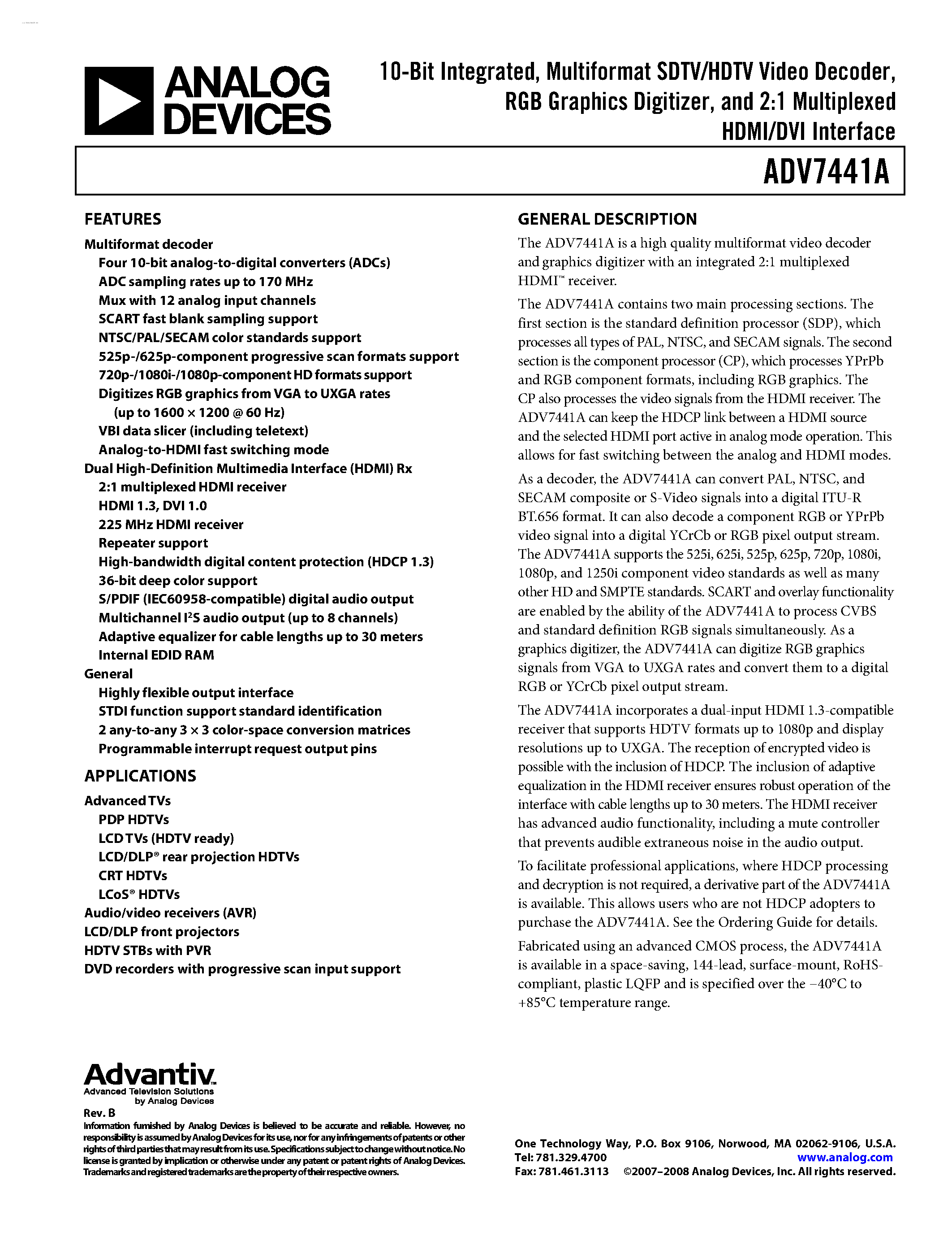 Даташит ADV7441A - 10-Bit Integrated / Multiformat SDTV/HDTV Video Decoder / RGB Graphics Digitizer and 2:1 Multiplexed HDMI/DVI Interface страница 1