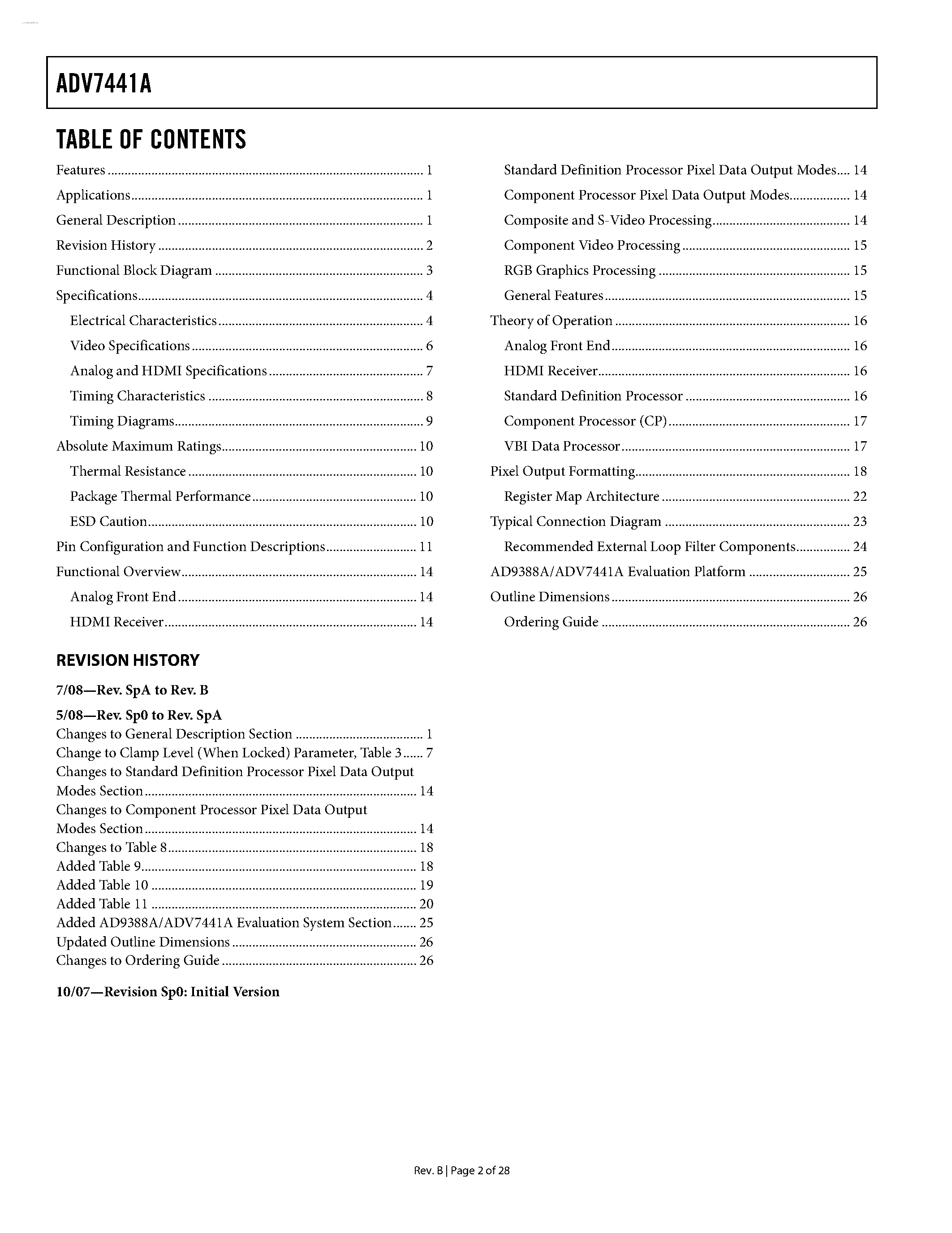Даташит ADV7441A - 10-Bit Integrated / Multiformat SDTV/HDTV Video Decoder / RGB Graphics Digitizer and 2:1 Multiplexed HDMI/DVI Interface страница 2