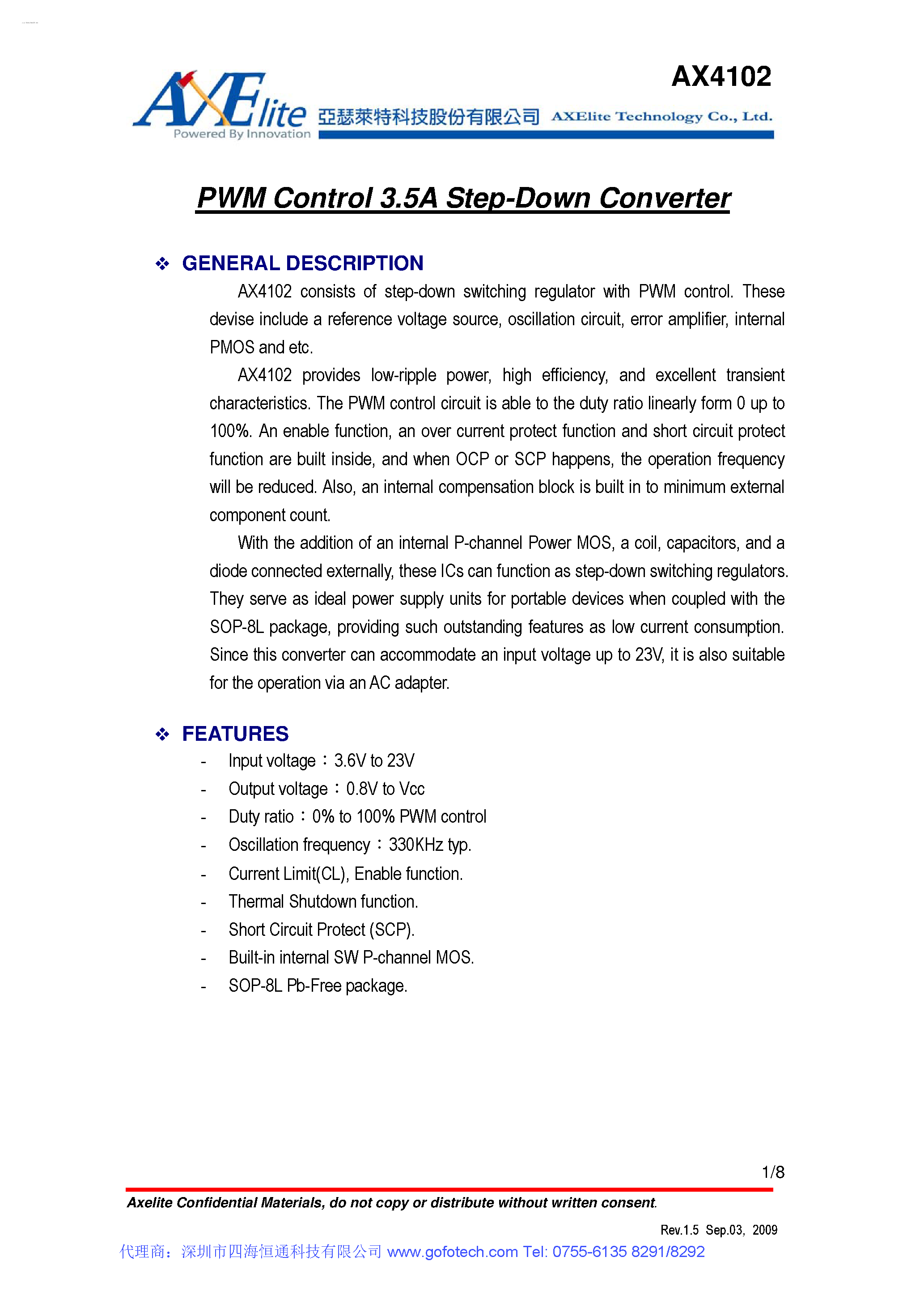 Datasheet AX4102 page 1 Datasheet AX4102 - PWM Control 3.5A Step-Down Converter page 1