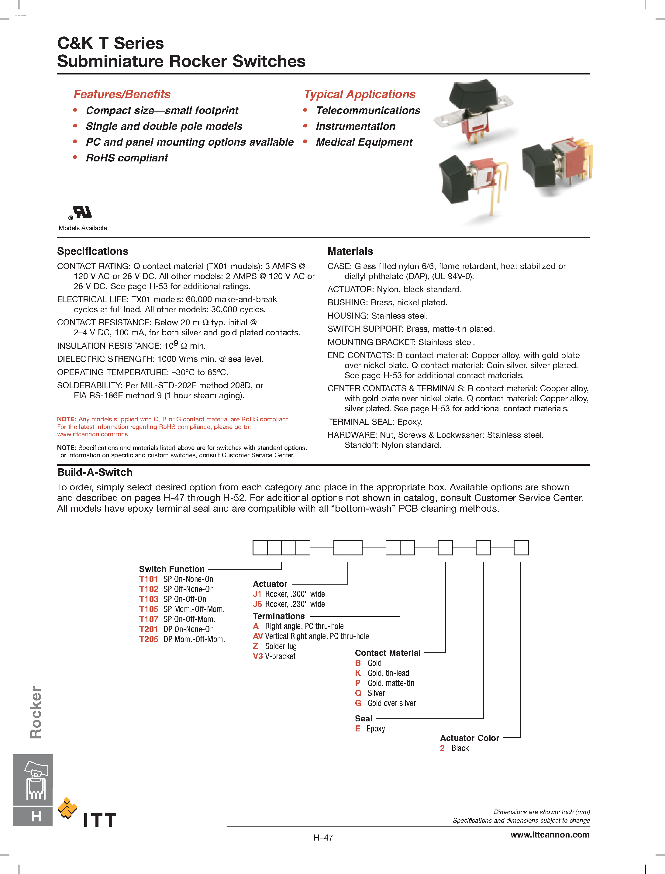 Даташит на микросхему T101J1AVQE2 страница 1 Даташит T101J1AVQE2 - Subminiature Rocker Switches страница 1