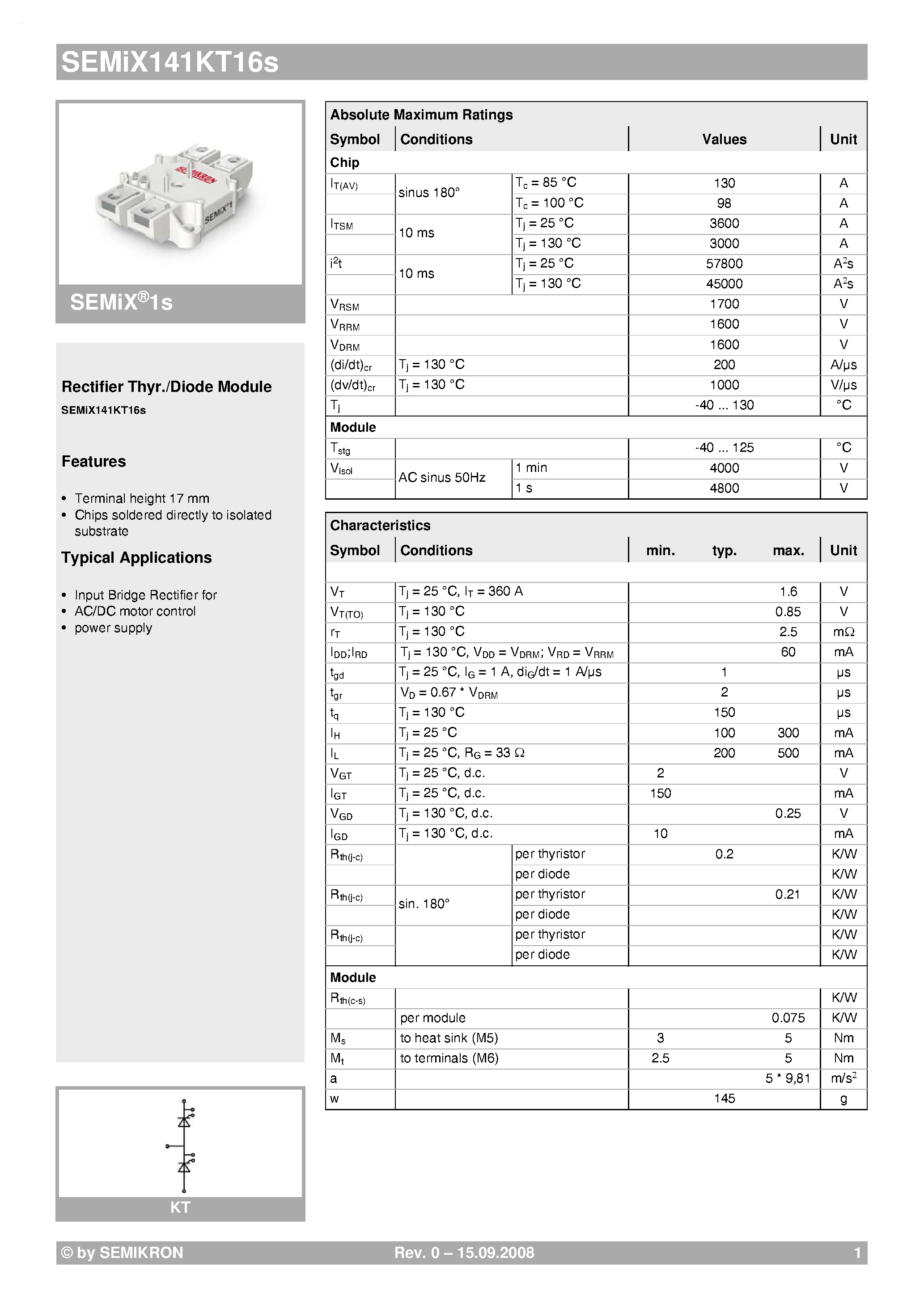 Datasheet SEMIX141KT16S page 1 Datasheet SEMIX141KT16S - Rectifier Thyr./Diode Module page 1