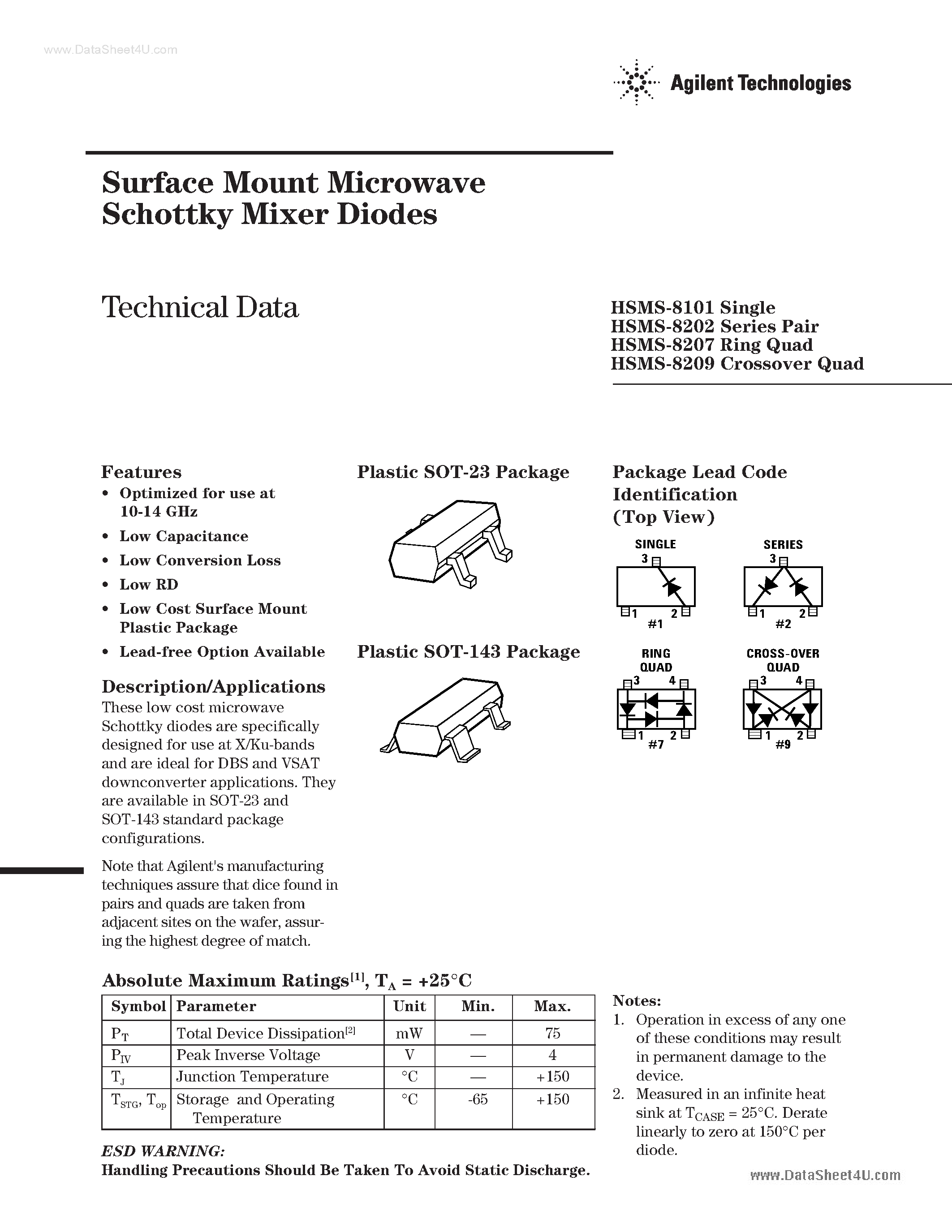 Даташит HSMS-8101 - (HSMS-8x0x) Surface Mount Microwave Schottky Mixer Diodes страница 1