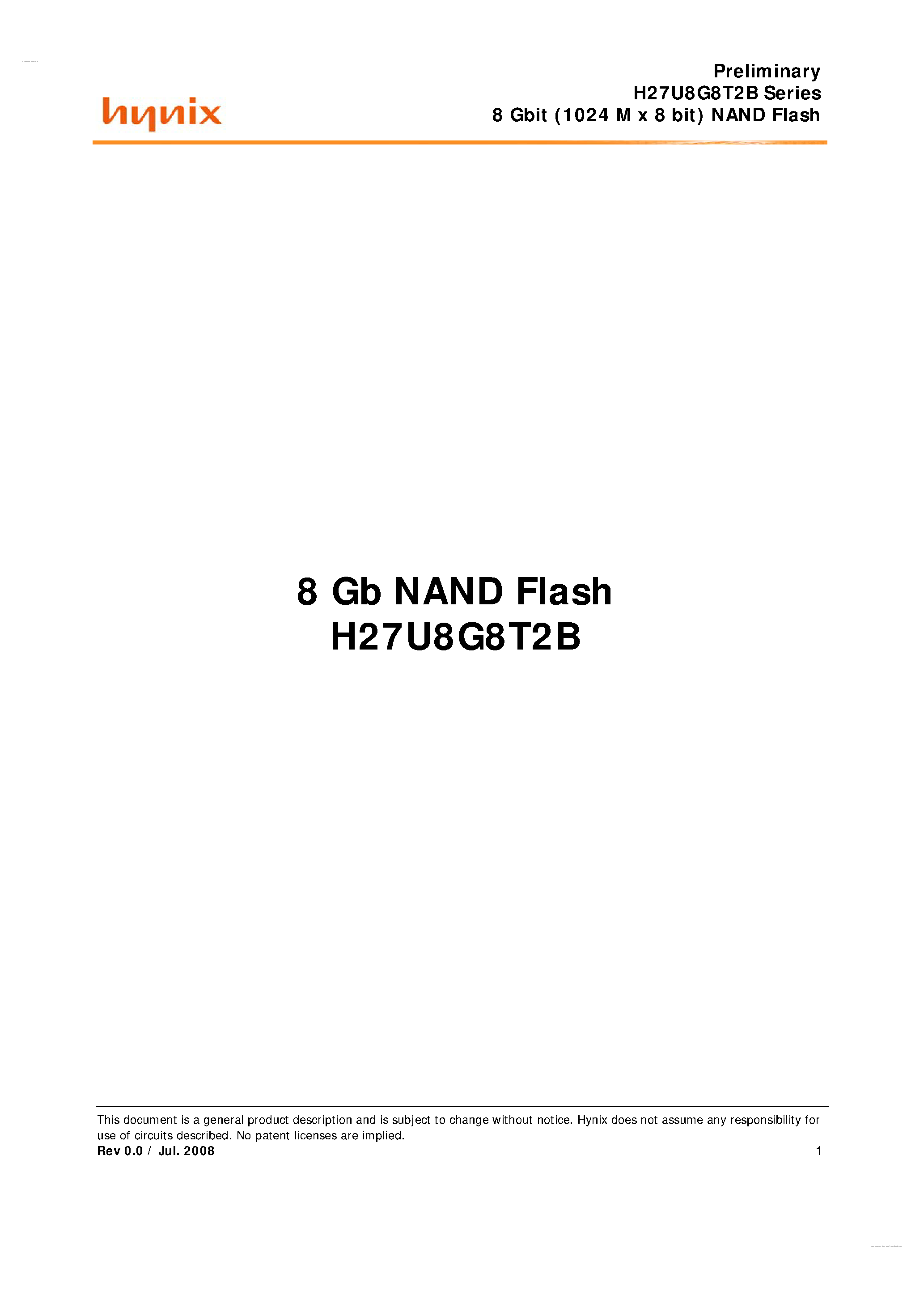 Datasheet H27U8G8T2B - 8 Gbit (1024 M x 8 bit) NAND Flash page 1