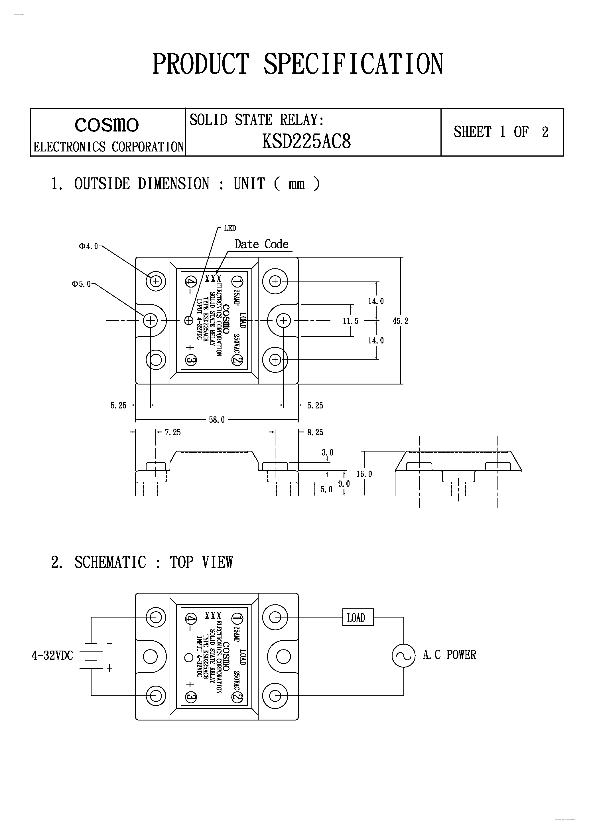 Даташит на микросхему KSD225AC8 страница 1 Даташит KSD225AC8 - Solid State Relay страница 1