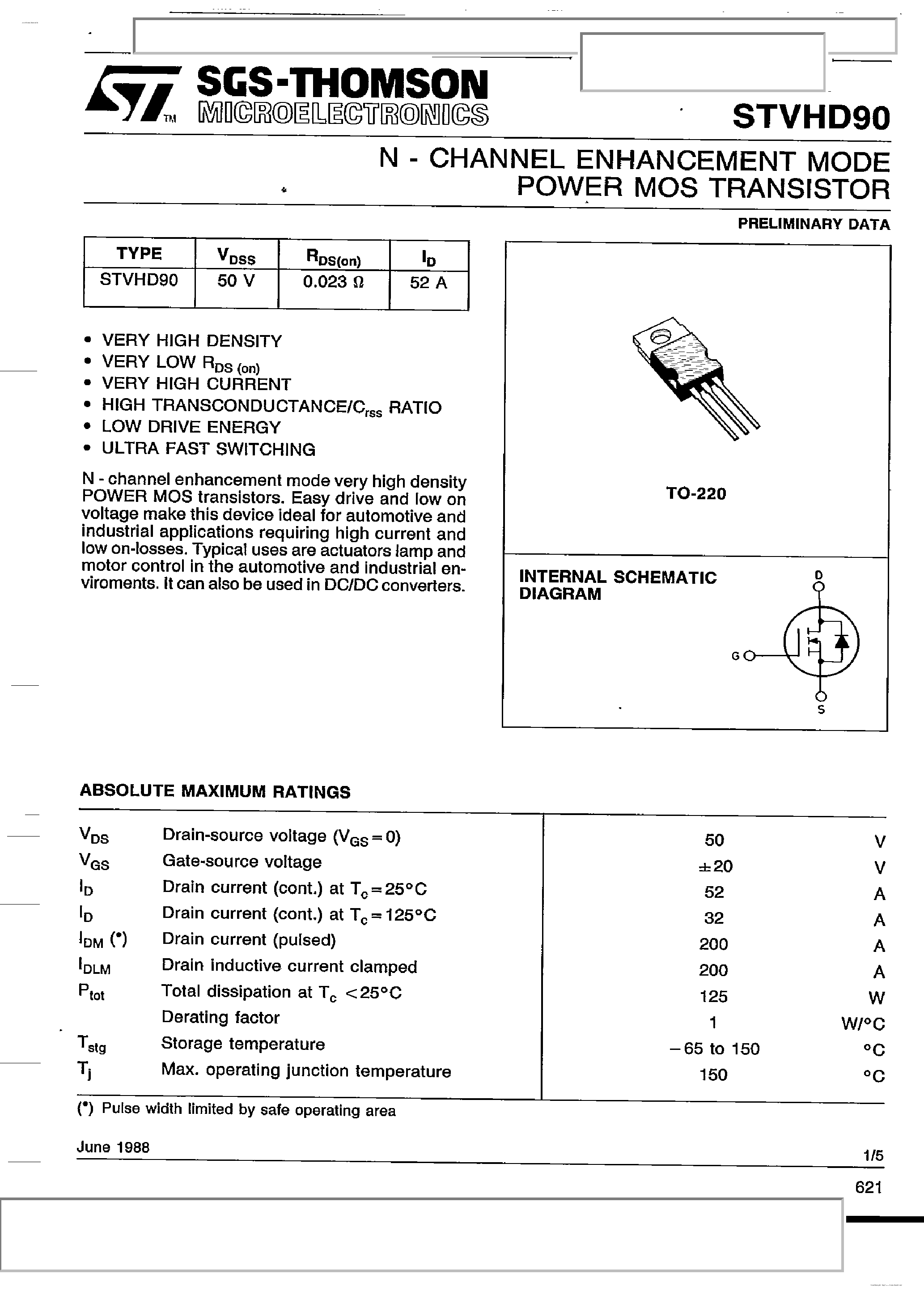 Datasheet STVHD90 page 1 Datasheet STVHD90 - N-Channel Enhancement Mode Power MOS Transistor page 1