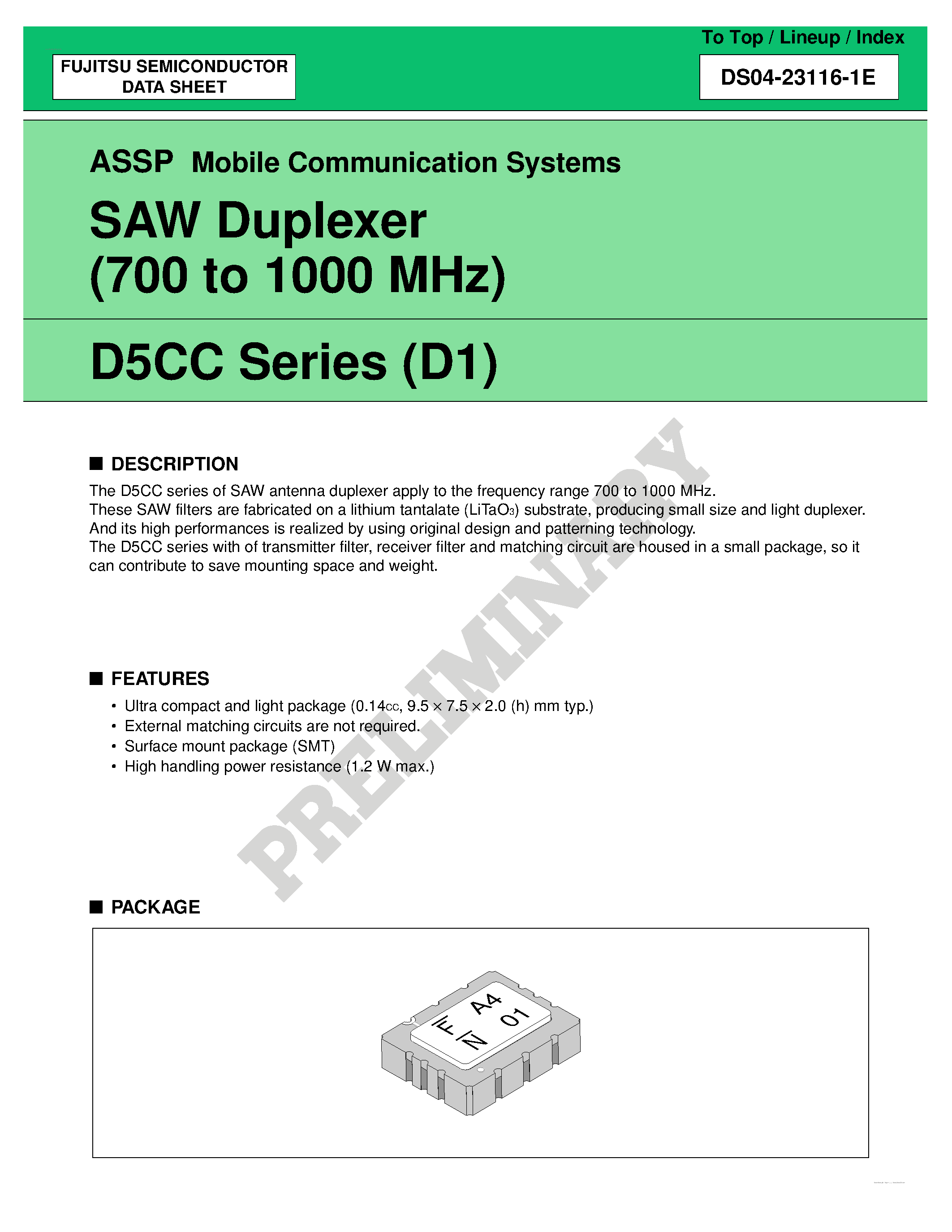 Datasheet FAR-D5CC-881M50-D1A4-x - SAW Duplexer page 1