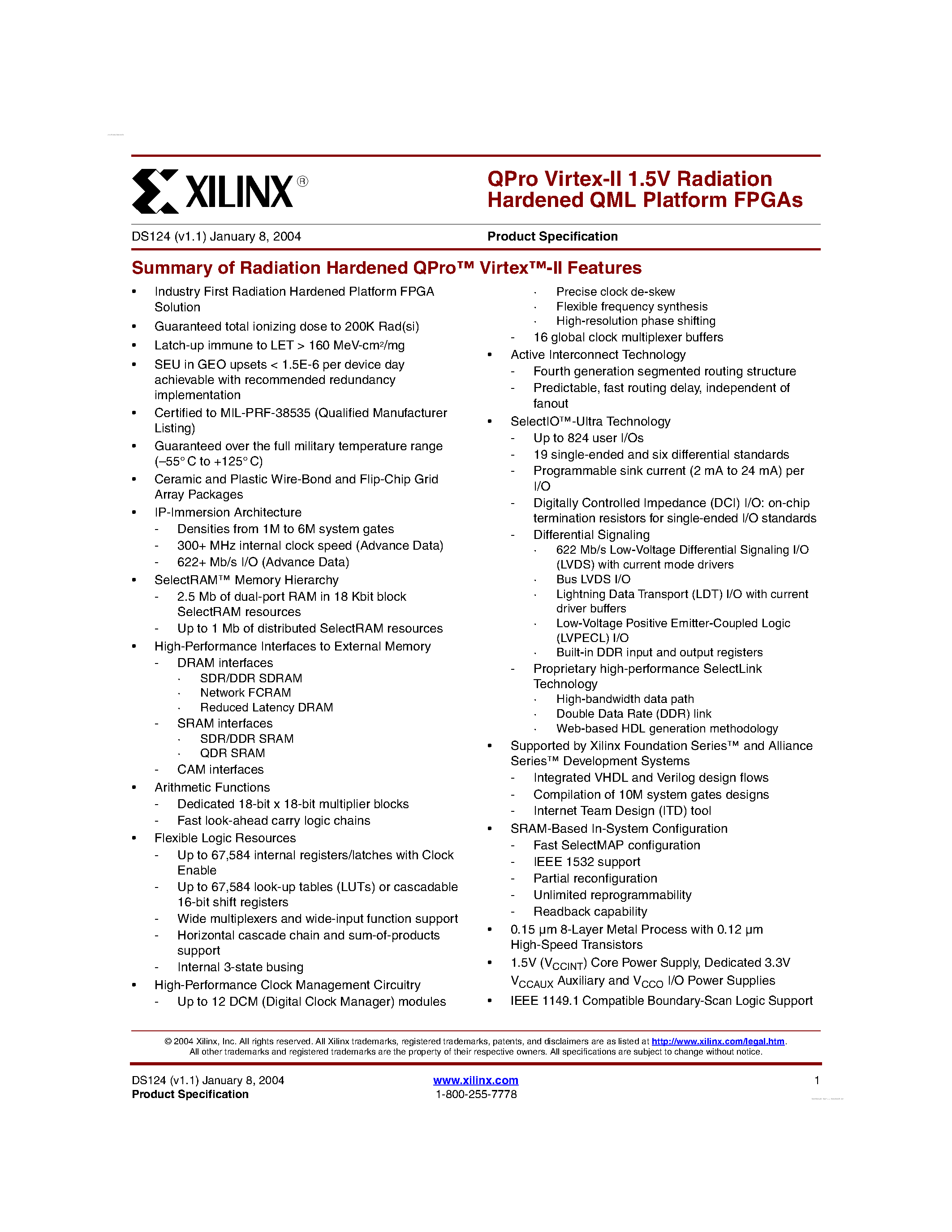 Datasheet XQR2V1000 page 1 Datasheet XQR2V1000 - QPro Virtex-II 1.5V Radiation Hardened QML Platform FPGAs page 1