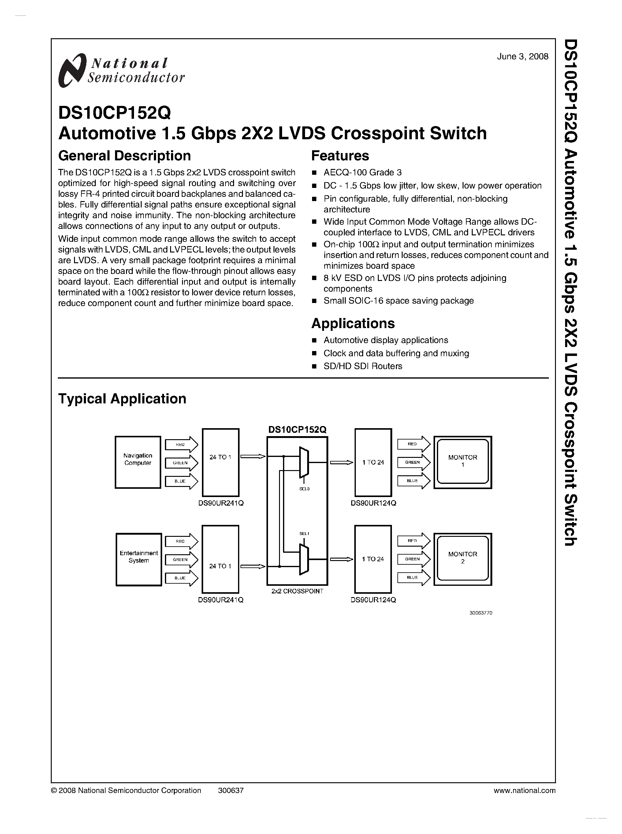 Datasheet DS10CP152Q - Automotive 1.5 Gbps 2X2 LVDS Crosspoint Switch page 1
