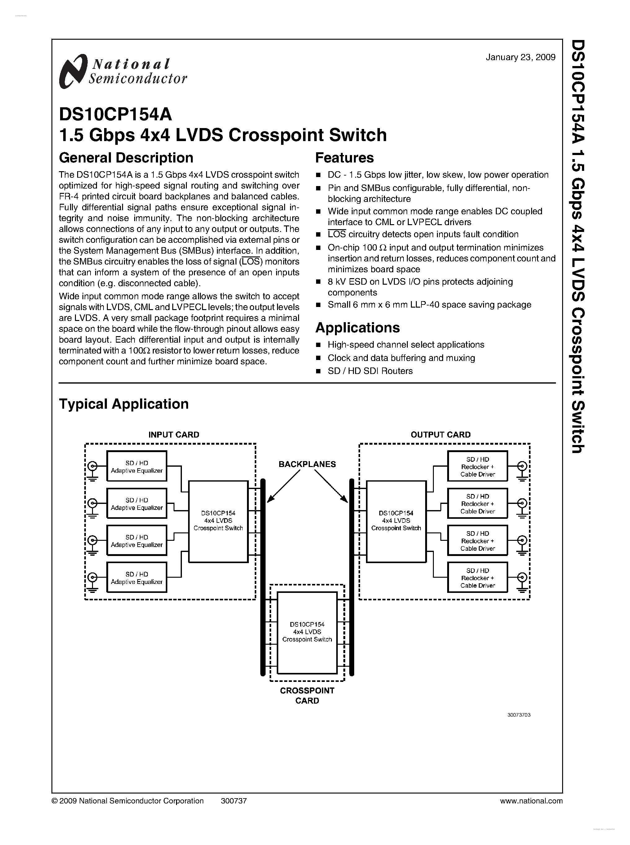 Datasheet DS10CP154A - 1.5 Gbps 4x4 LVDS Crosspoint Switch page 1