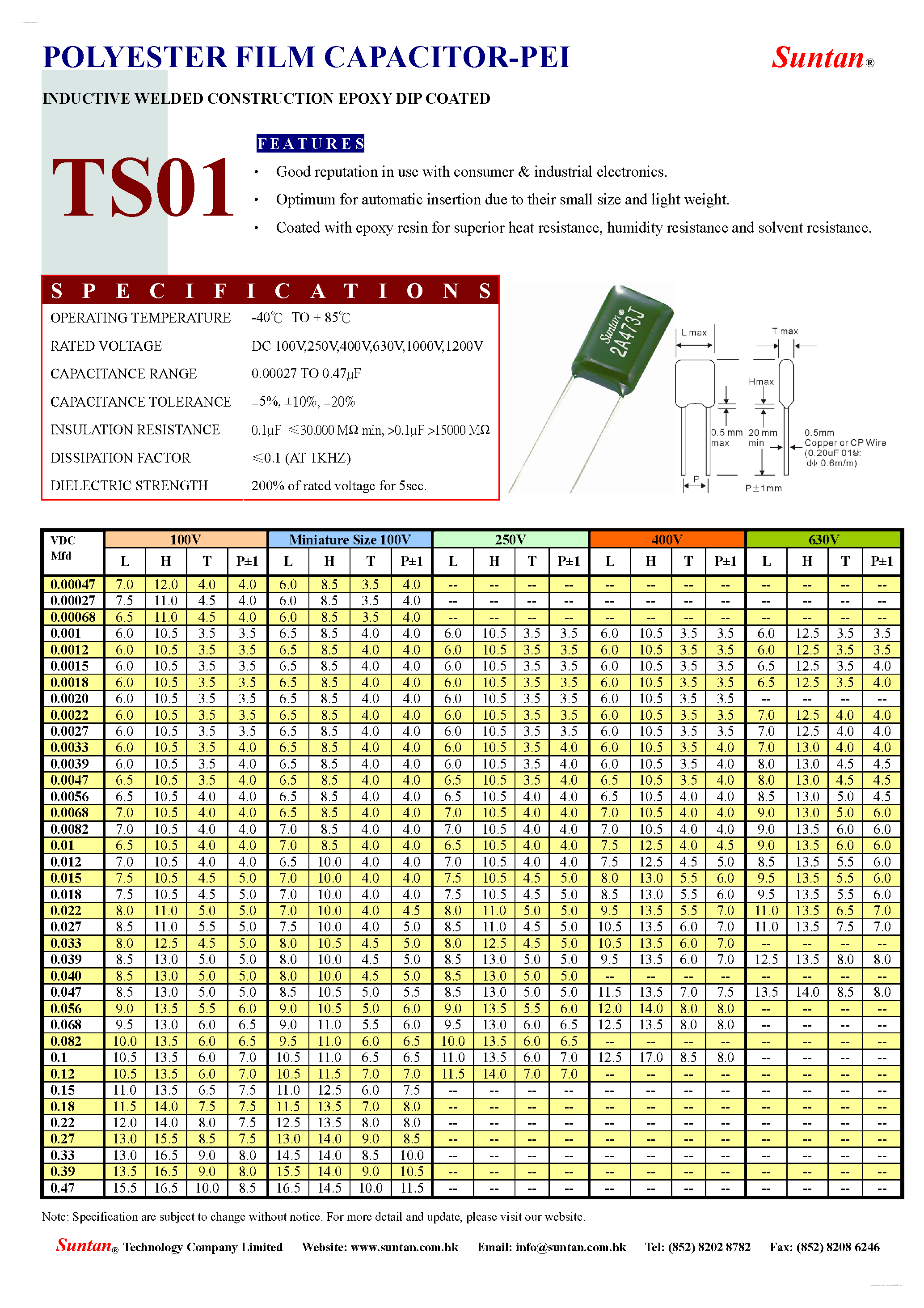 Datasheet TS01 - POLYESTER FILM CAPACITOR-PEI page 1