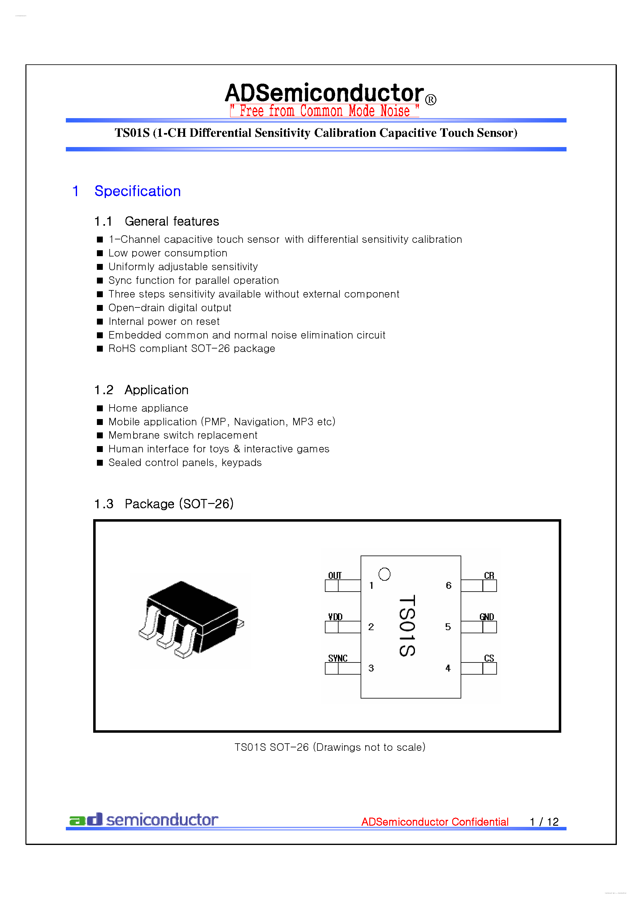 Datasheet TS01S - 1-Ch Differential Sensitivity Calibration Capacitive Touch Sensor page 2