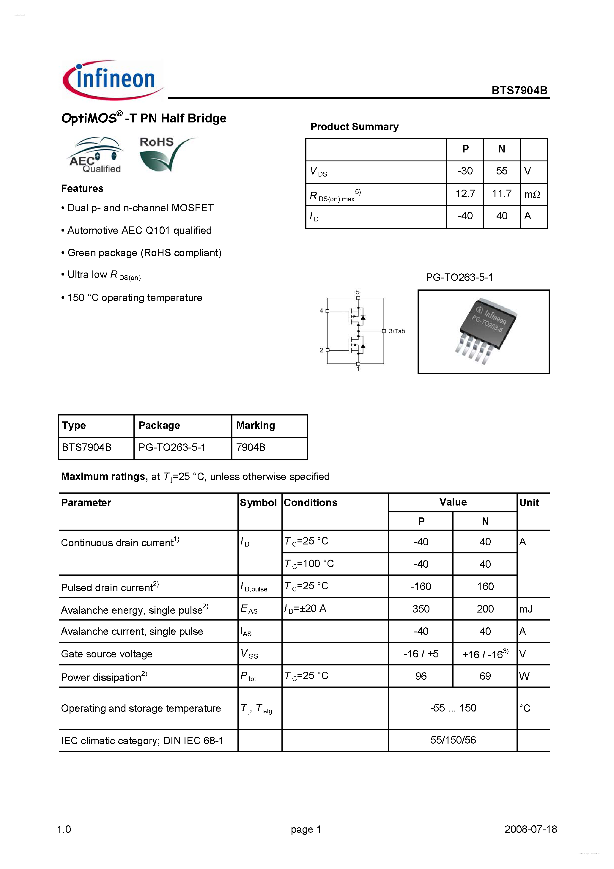 Datasheet BTS7904B - OptiMOS -T PN Half Bridge page 1
