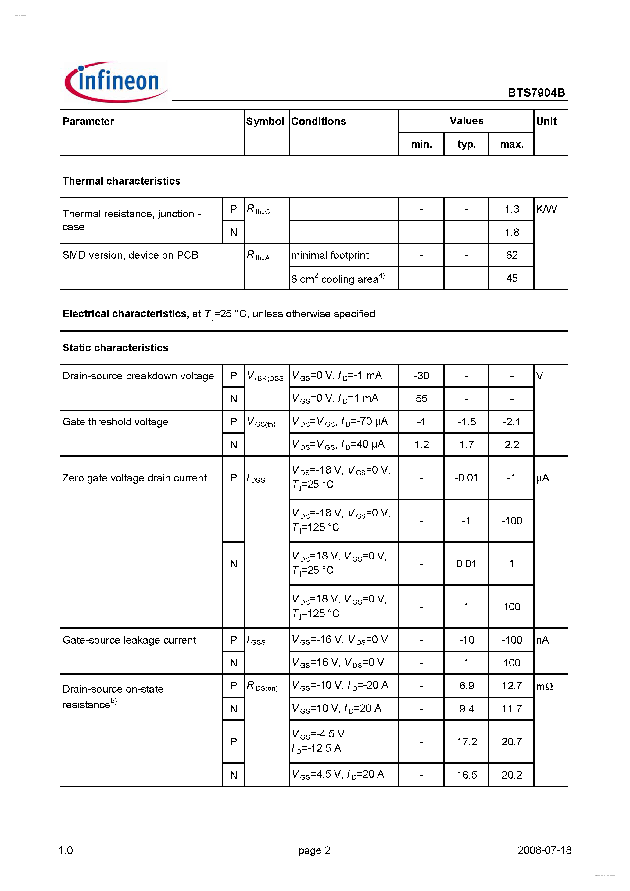 Datasheet BTS7904B - OptiMOS -T PN Half Bridge page 2