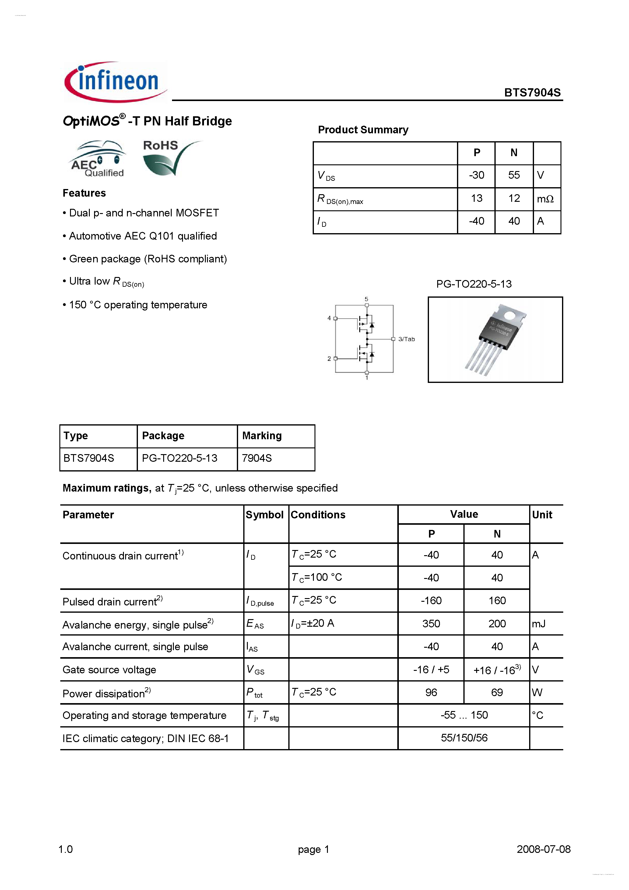 Datasheet BTS7904S - OptiMOS -T PN Half Bridge page 1