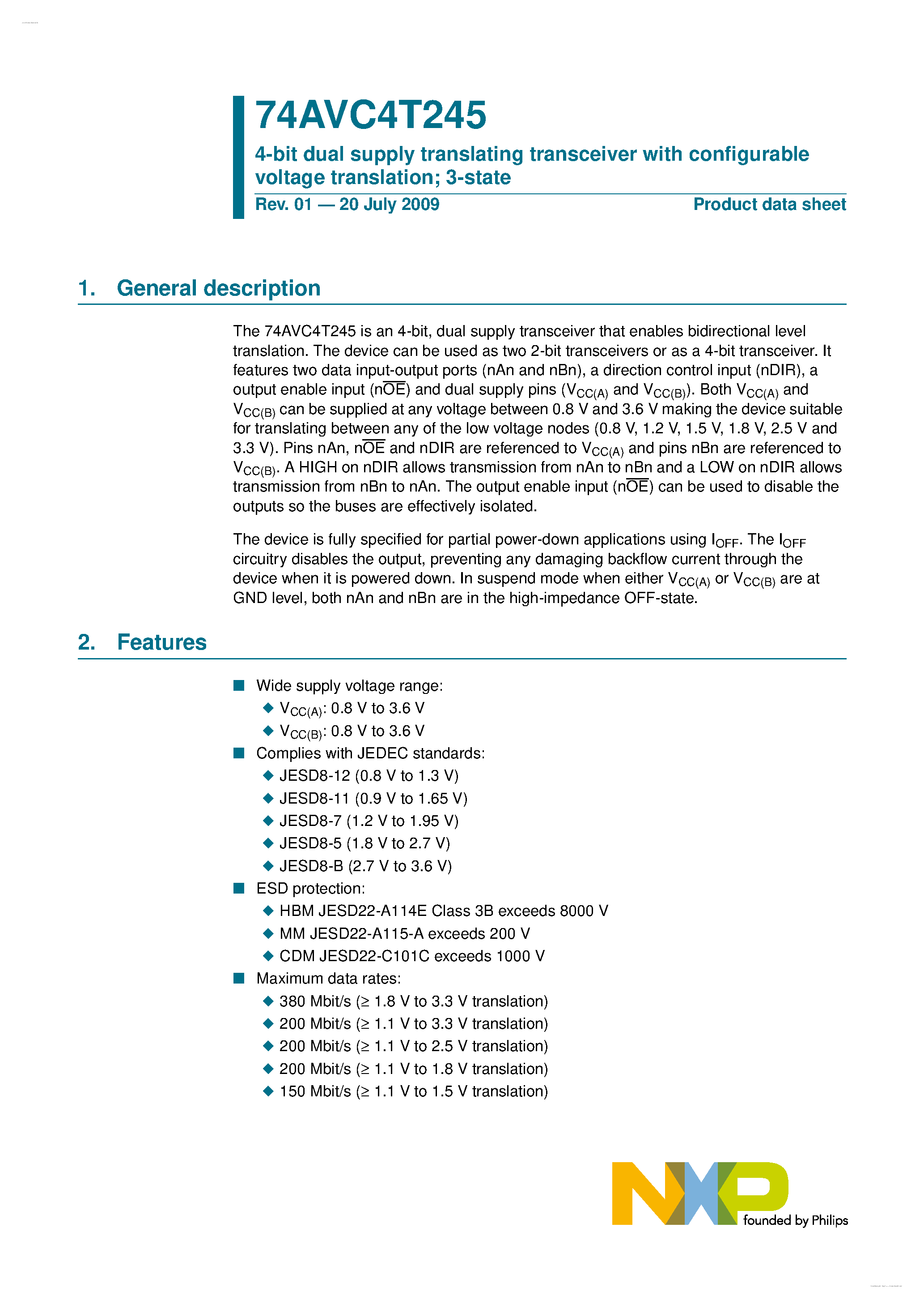 Datasheet 74AVC4T245 - 4-bit dual supply translating transceiver page 1