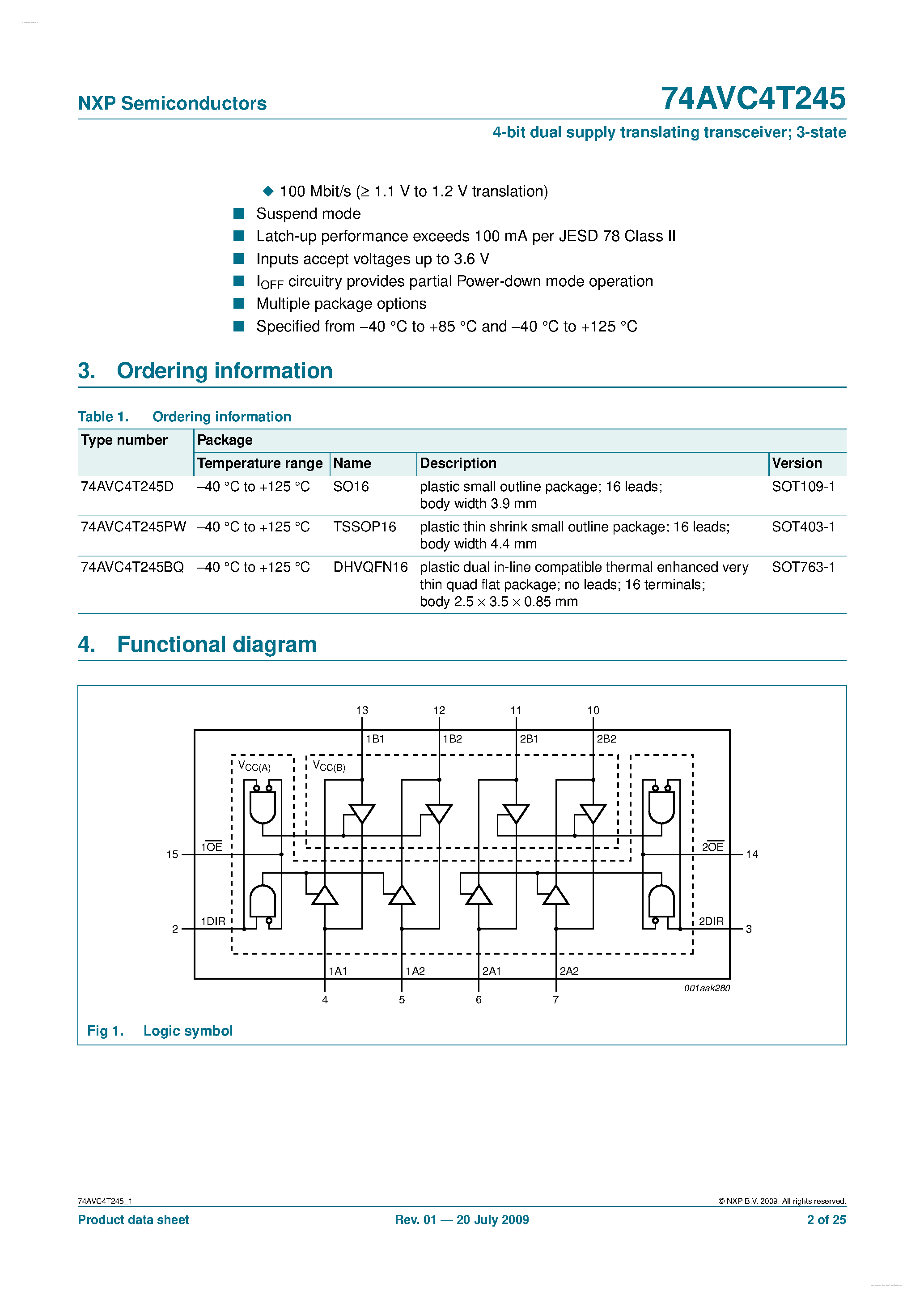 Datasheet 74AVC4T245 - 4-bit dual supply translating transceiver page 2