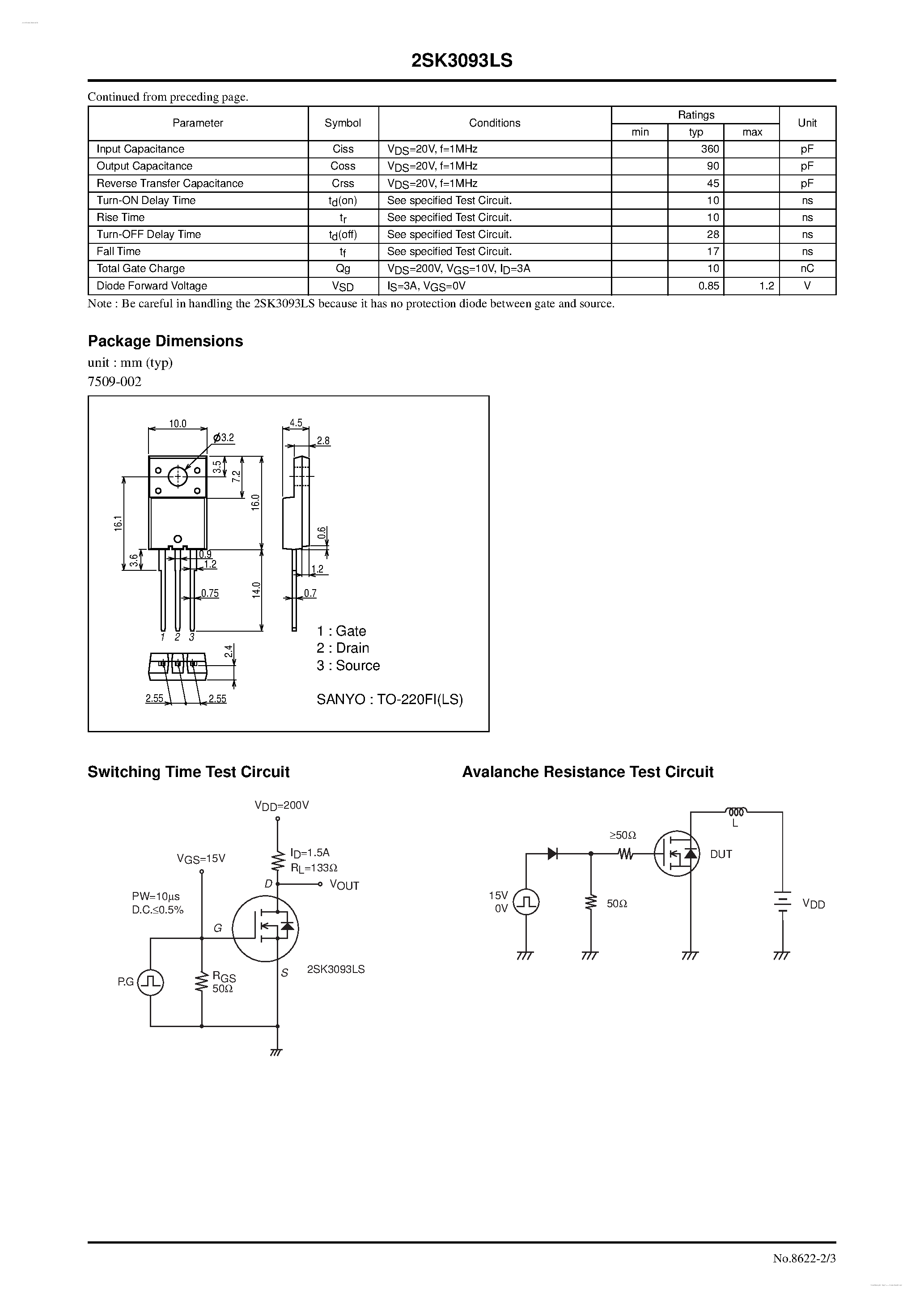 Datasheet 2SK3093LS page 2 Datasheet 2SK3093LS - N-Channel Silicon MOSFET General-Purpose Switching Device page 2