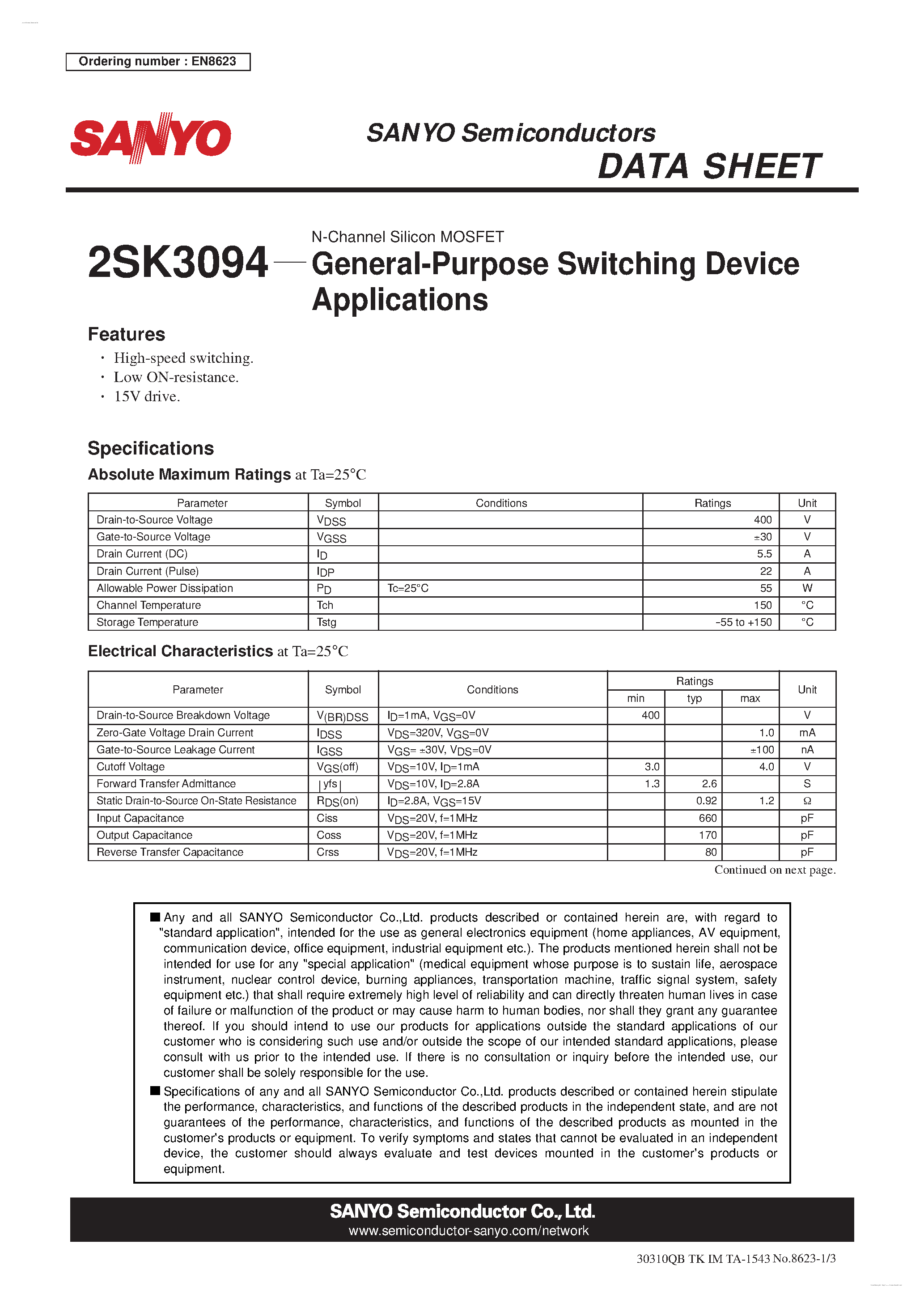 Даташит 2SK3094 - General-Purpose Switching Device Applications страница 1