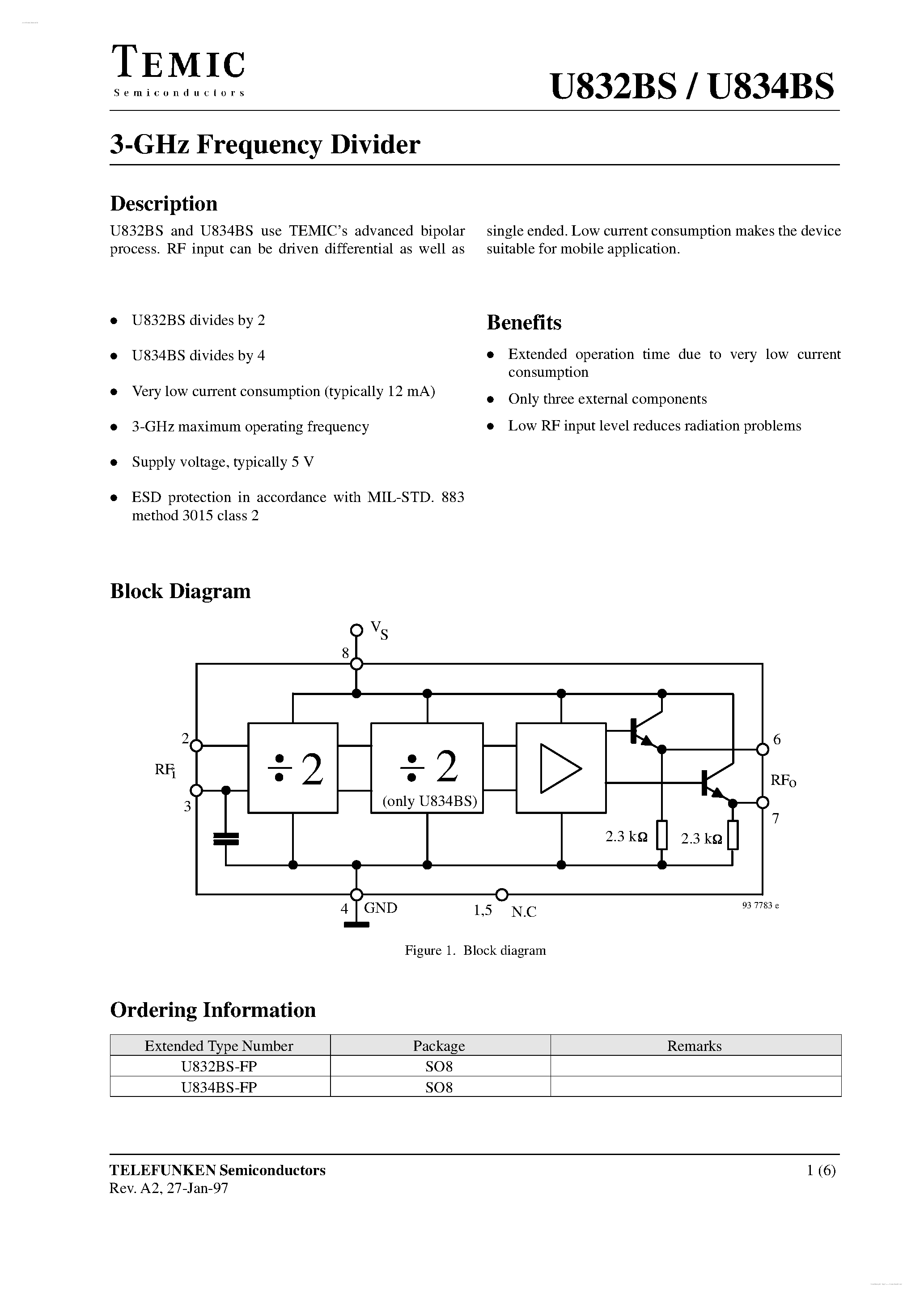 Datasheet U832BS - (U832BS / U834BS) 3-GHz Frequency Divider page 1