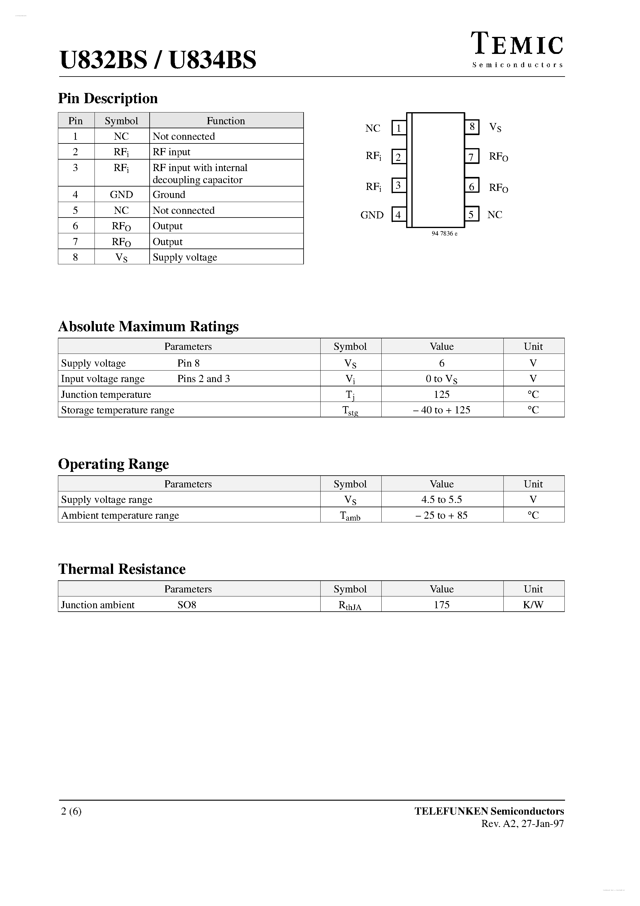 Datasheet U832BS - (U832BS / U834BS) 3-GHz Frequency Divider page 2