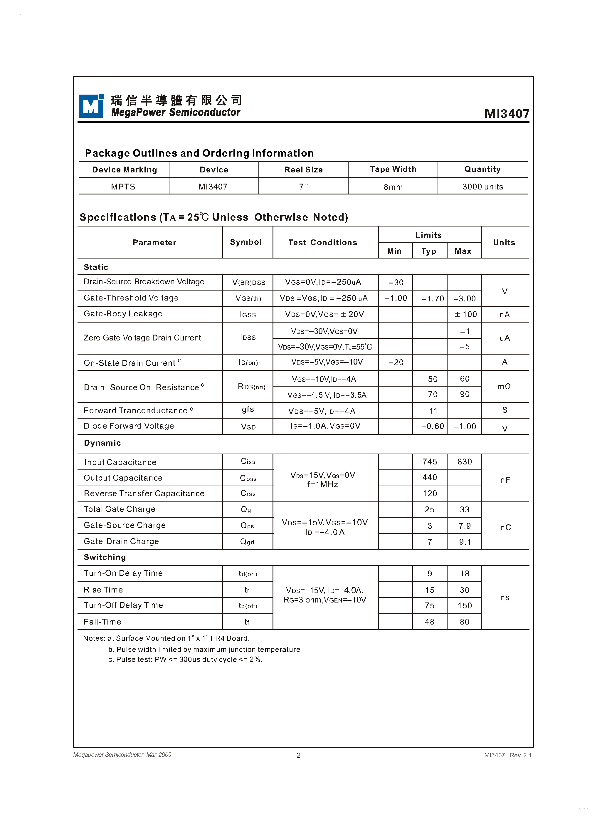 Даташит на микросхему MI3407 страница 2 Даташит MI3407 - P-Channel 30V (D-S)MOSFET страница 2