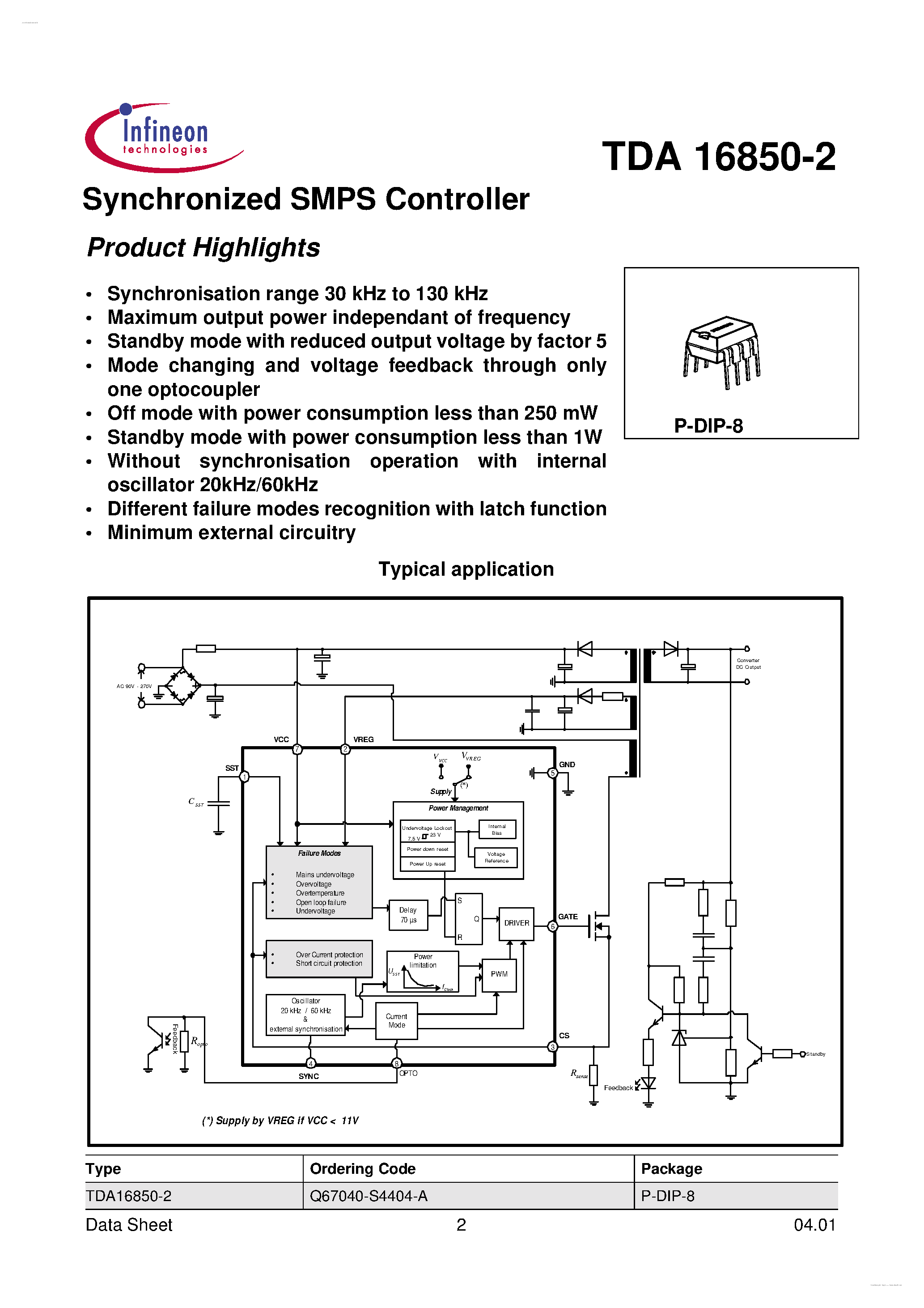 Datasheet TDA16850-2 - Free running and synchronized SMPS Controller page 2