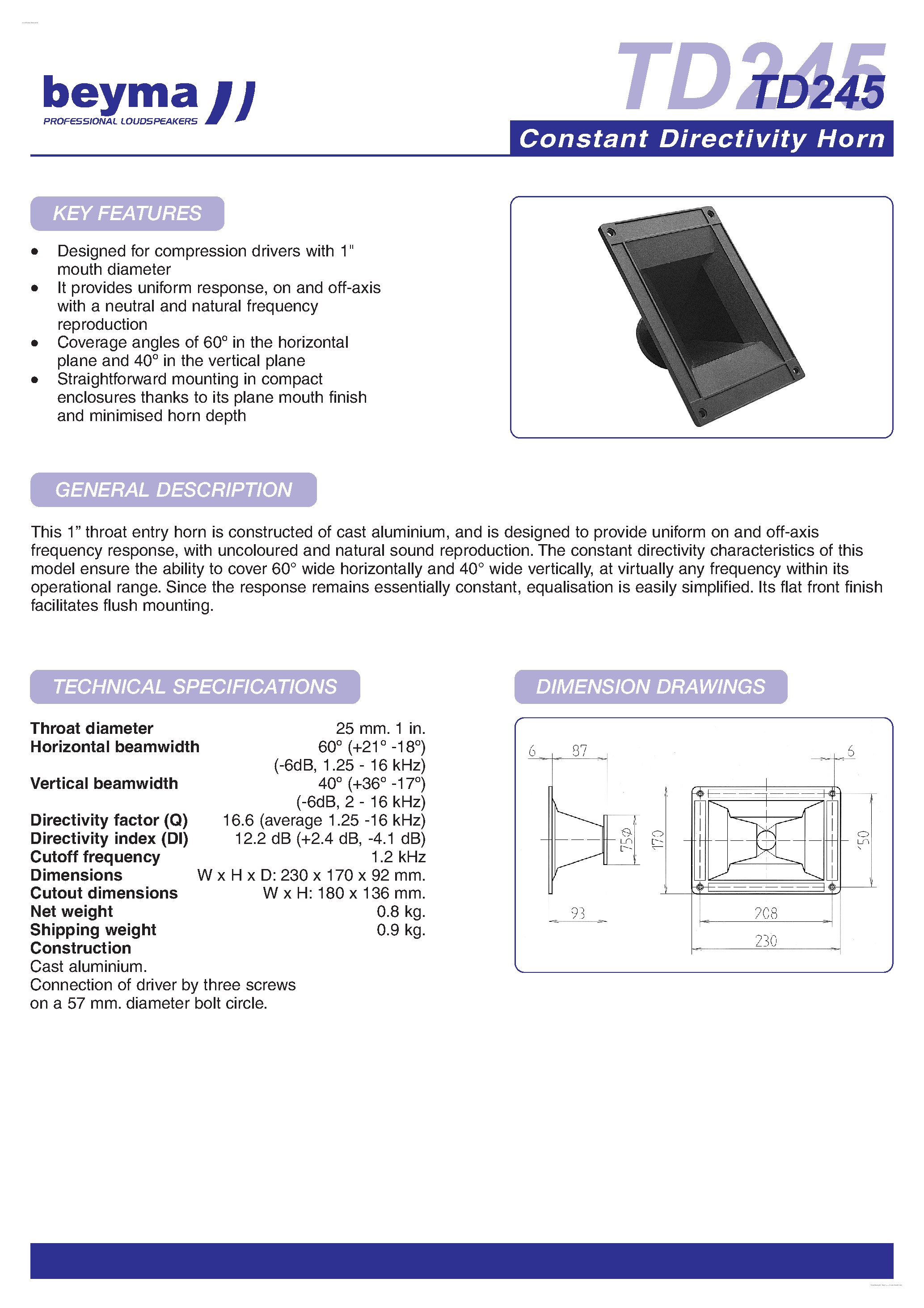 Datasheet TD245 page 1 Datasheet TD245 - constant directivity horn page 1