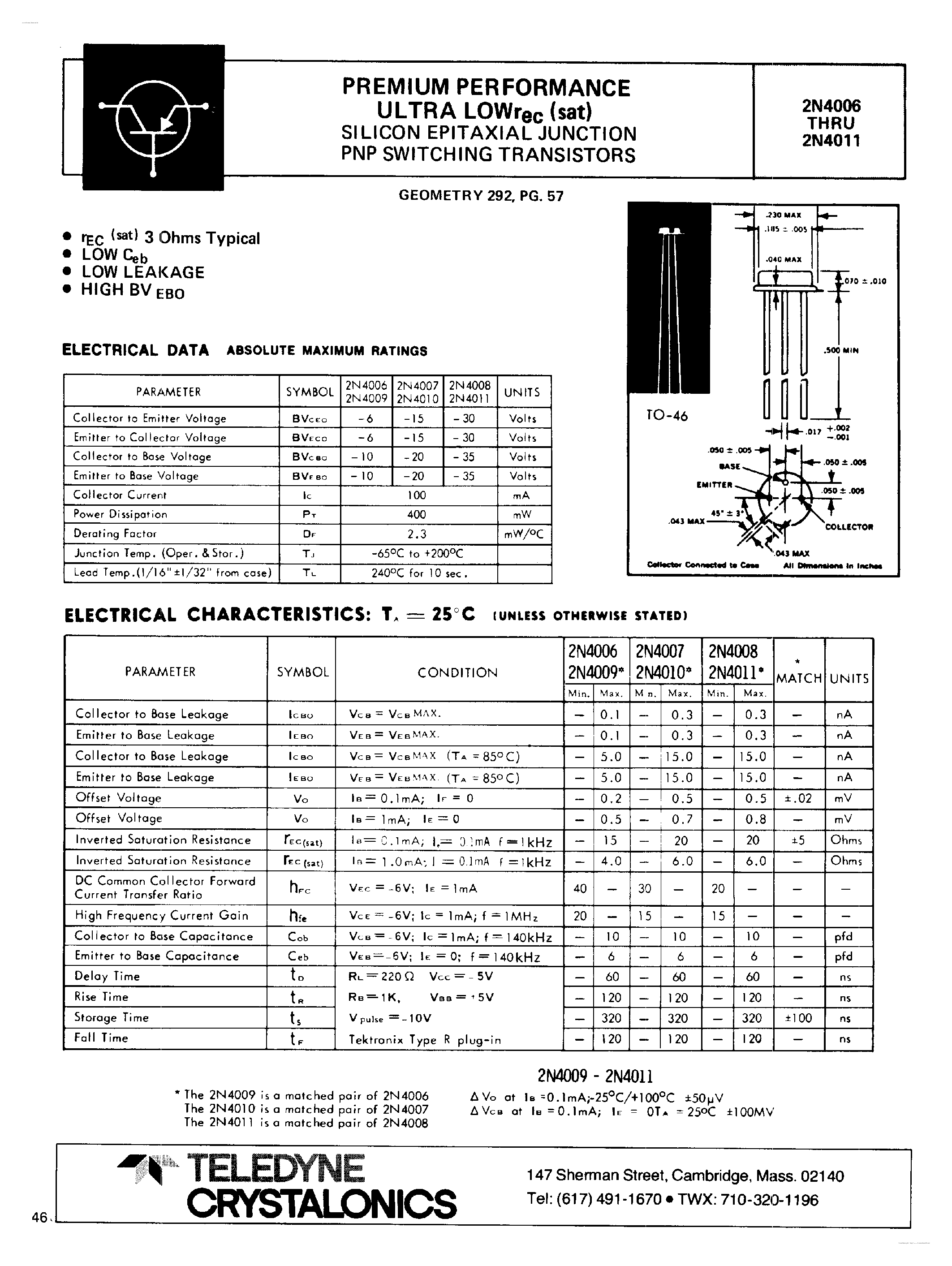 Datasheet 2N4006 - (2N4006 - 2N4011) Silicon Epitaxial Junction PNP Switching Transistor page 1