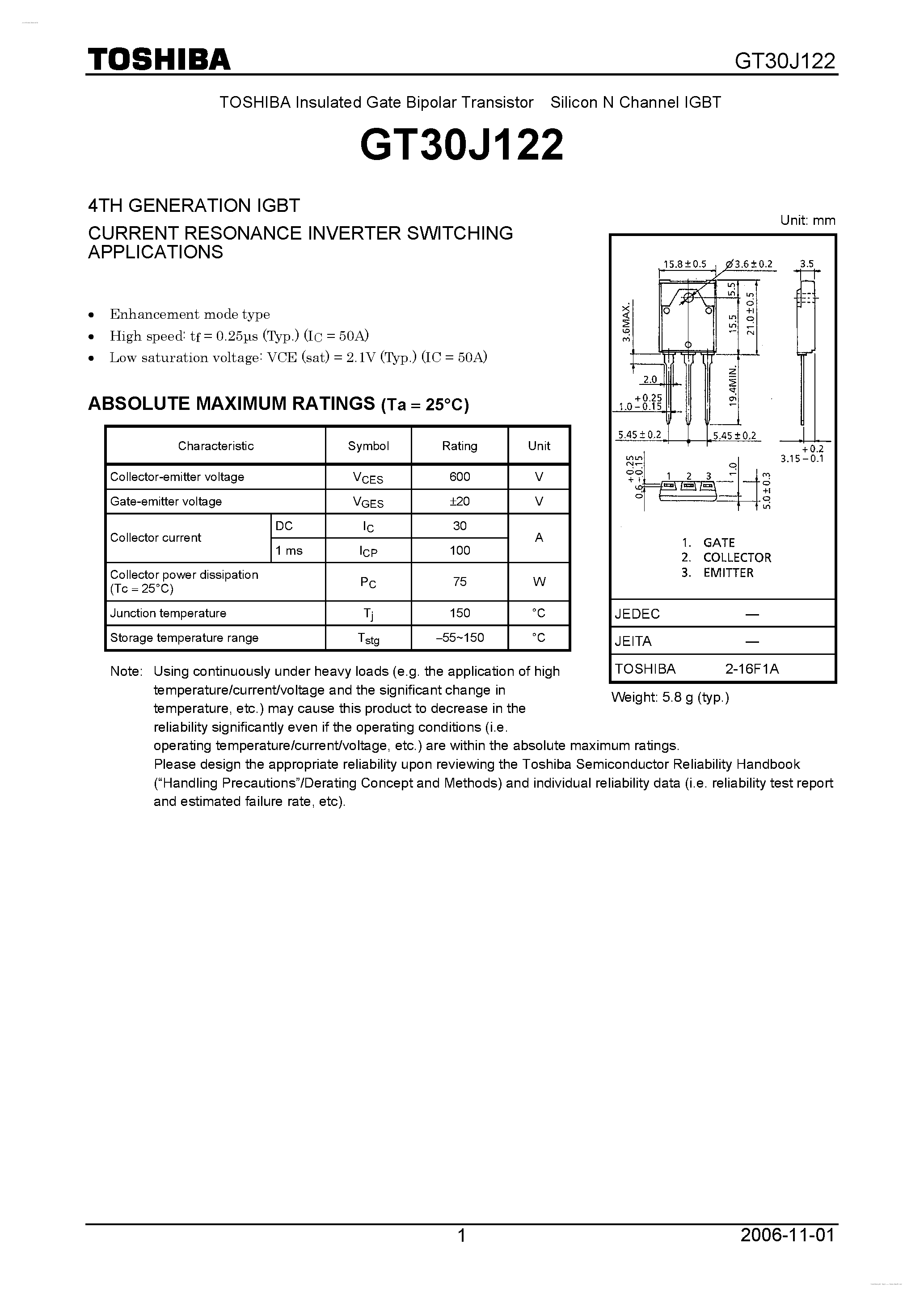 Datasheet GT30J122 page 1 Datasheet GT30J122 - 4TH GENERATION IGBT CURRENT RESONANCE INVERTER SWITCHING page 1