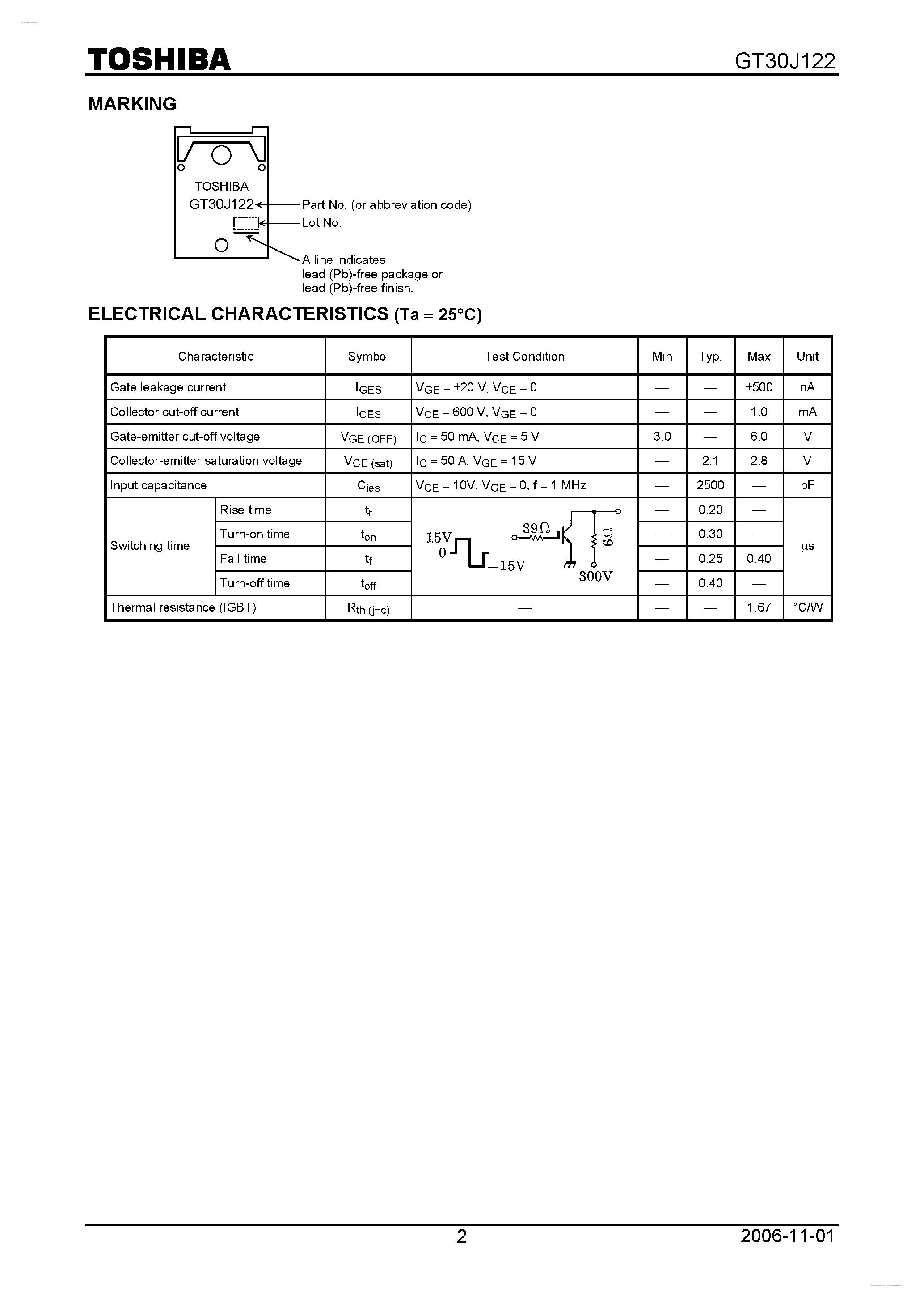 Datasheet GT30J122 page 2 Datasheet GT30J122 - 4TH GENERATION IGBT CURRENT RESONANCE INVERTER SWITCHING page 2