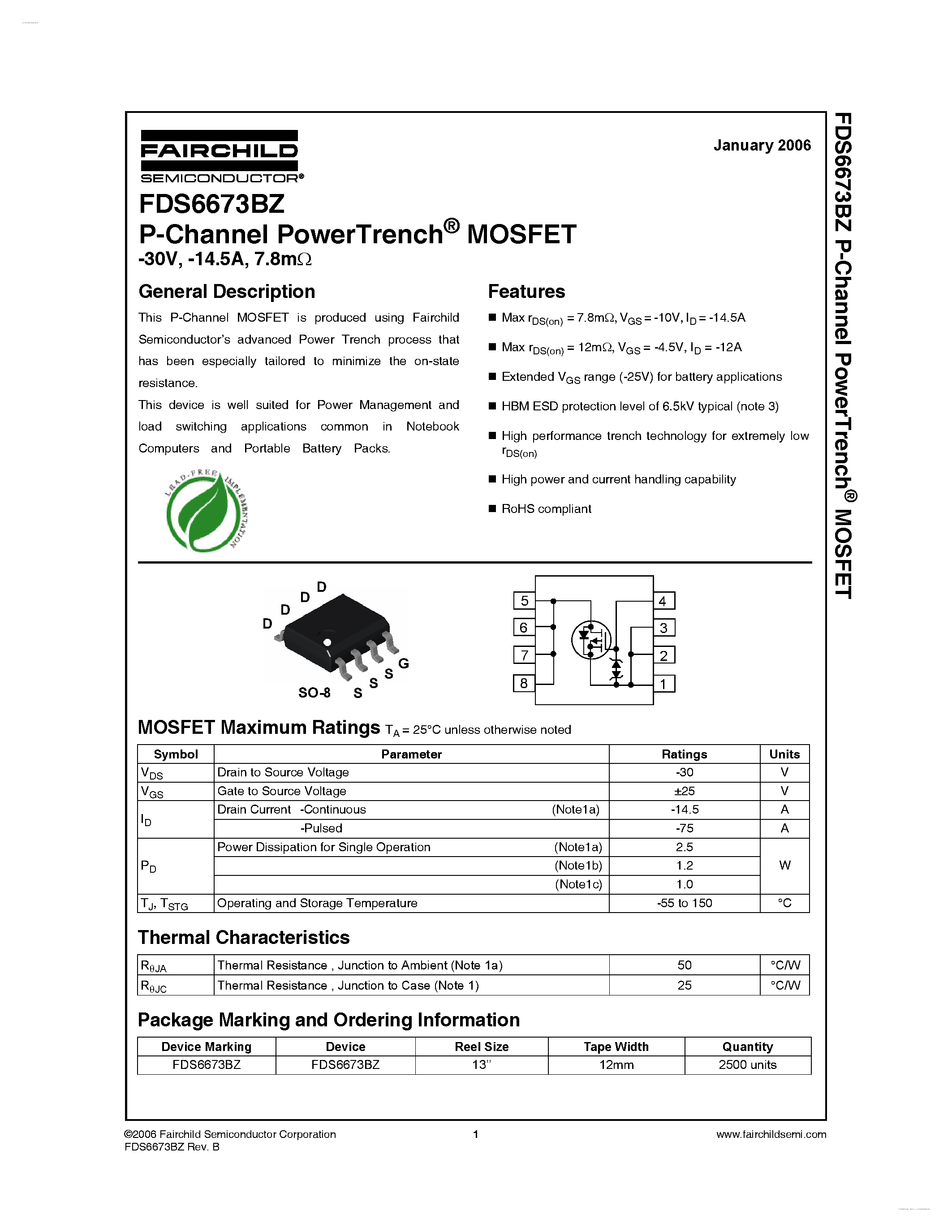 Datasheet FDS6673BZ page 1 Datasheet FDS6673BZ - P-Channel PowerTrench MOSFET page 1