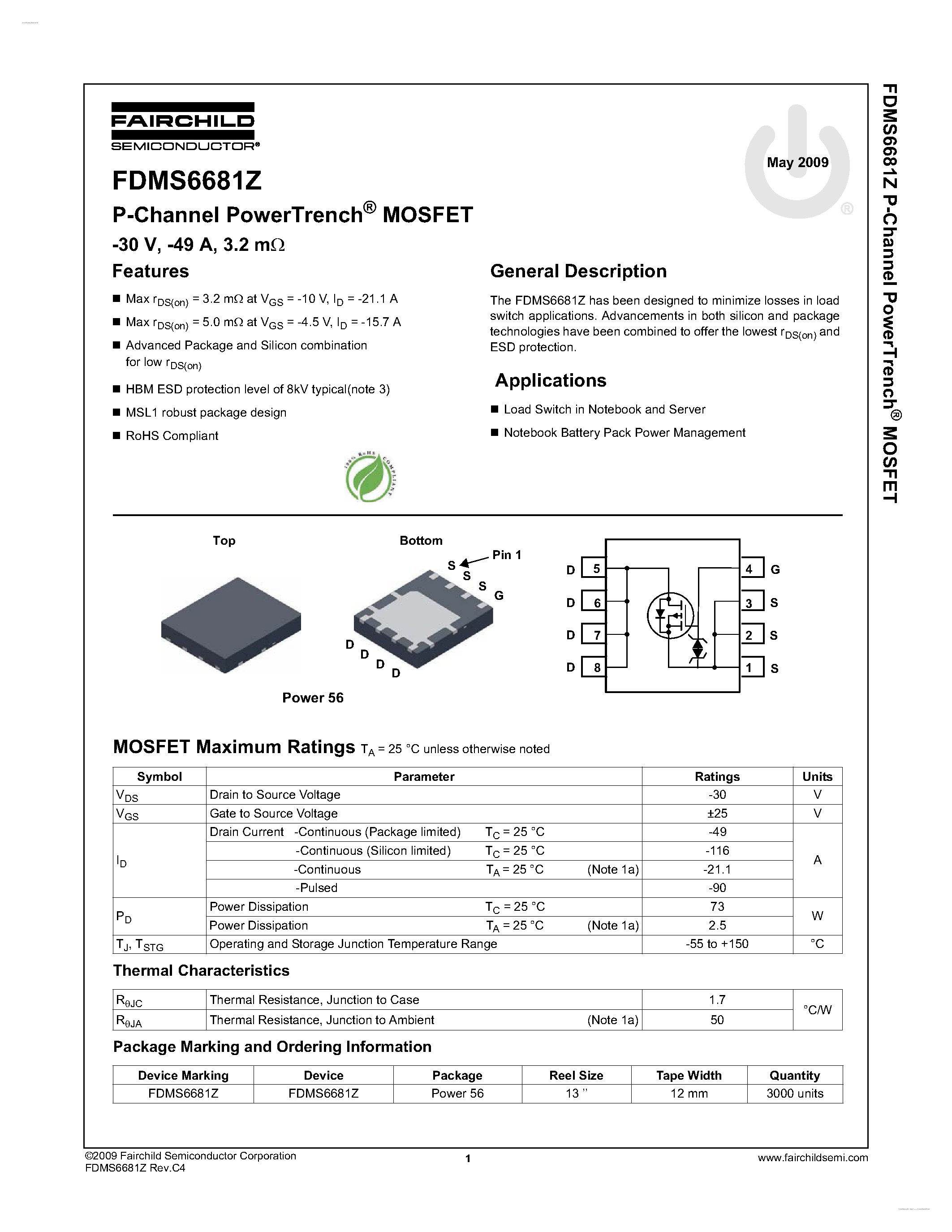 Datasheet FDMS6681Z - P-Channel PowerTrench MOSFET page 1