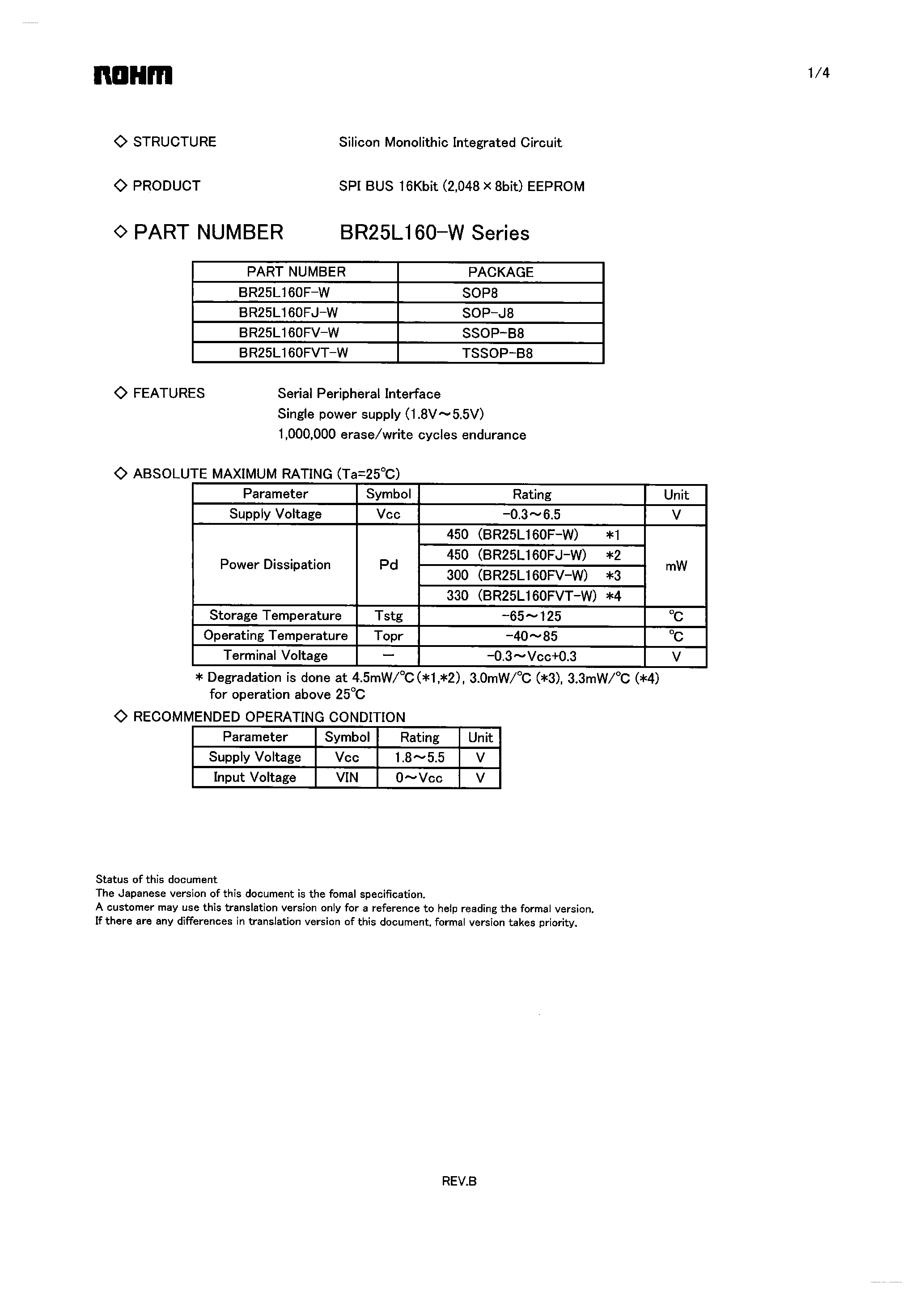 Datasheet BR25L160-W page 1 Datasheet BR25L160-W - SPI BUS 16Kbit EEPROM page 1