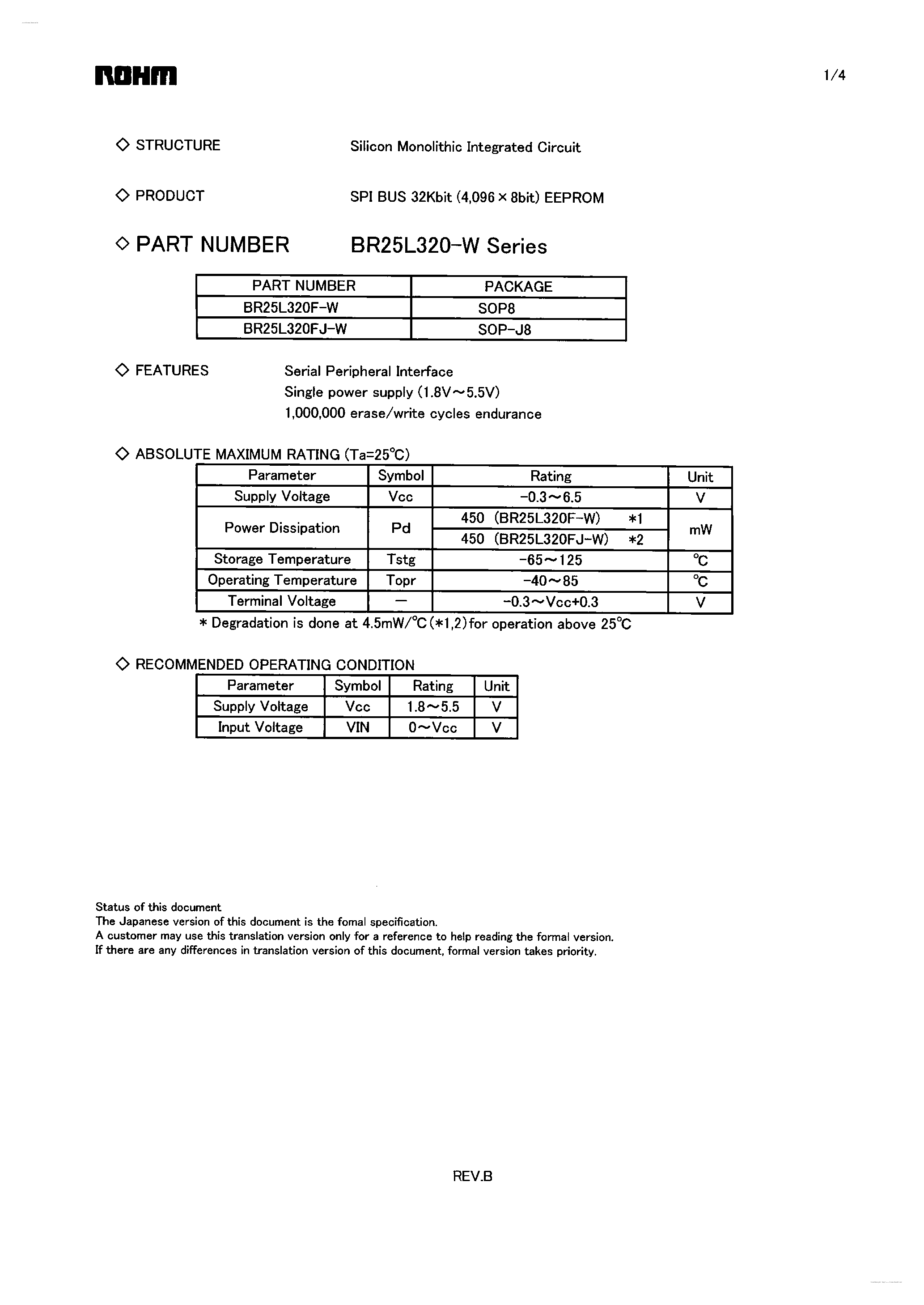 Datasheet BR25L320-W page 1 Datasheet BR25L320-W - SPI BUS 32Kbit EEPROM page 1