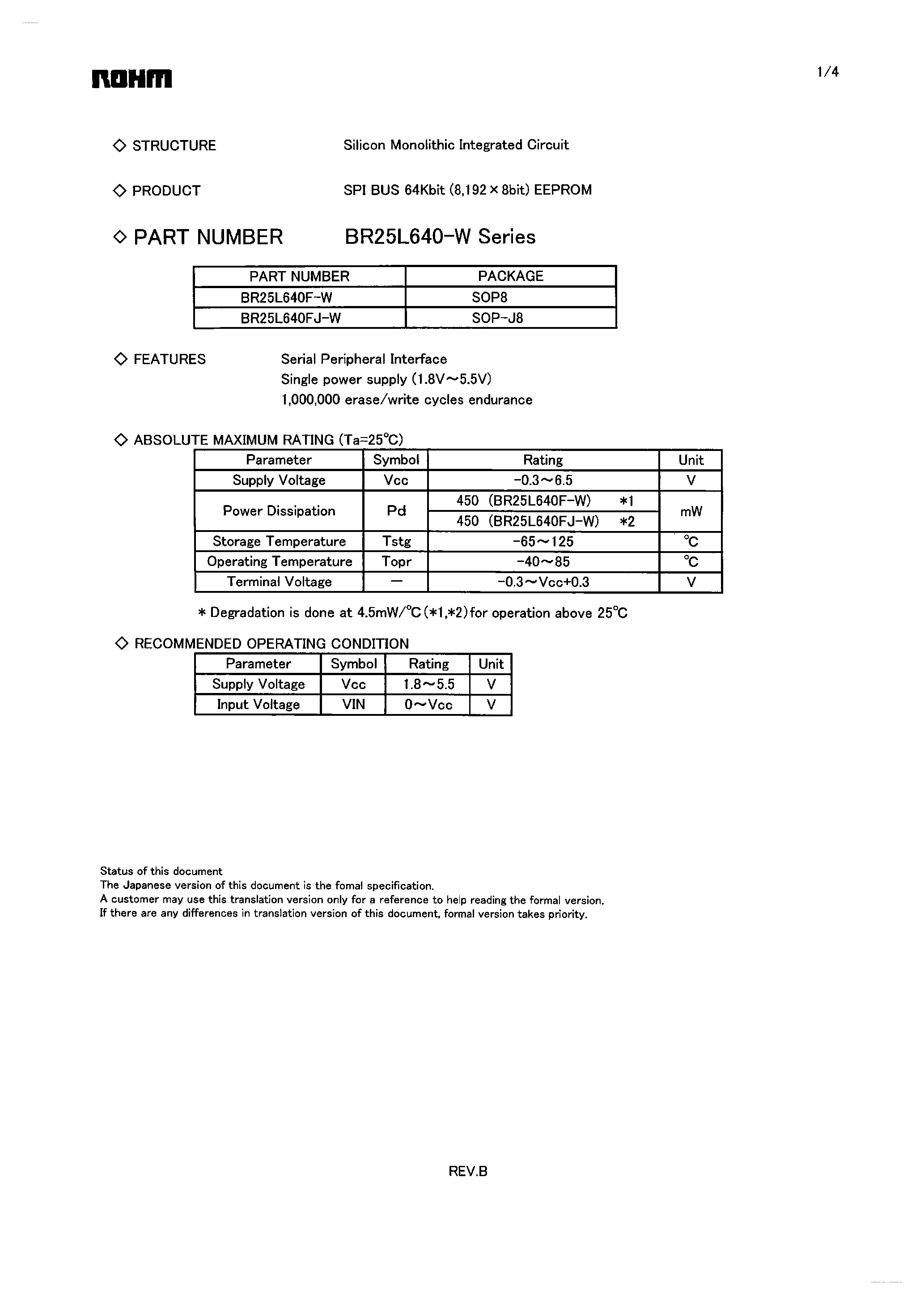 Datasheet BR25L640-W page 1 Datasheet BR25L640-W - SPI BUS 64Kbit EEPROM page 1