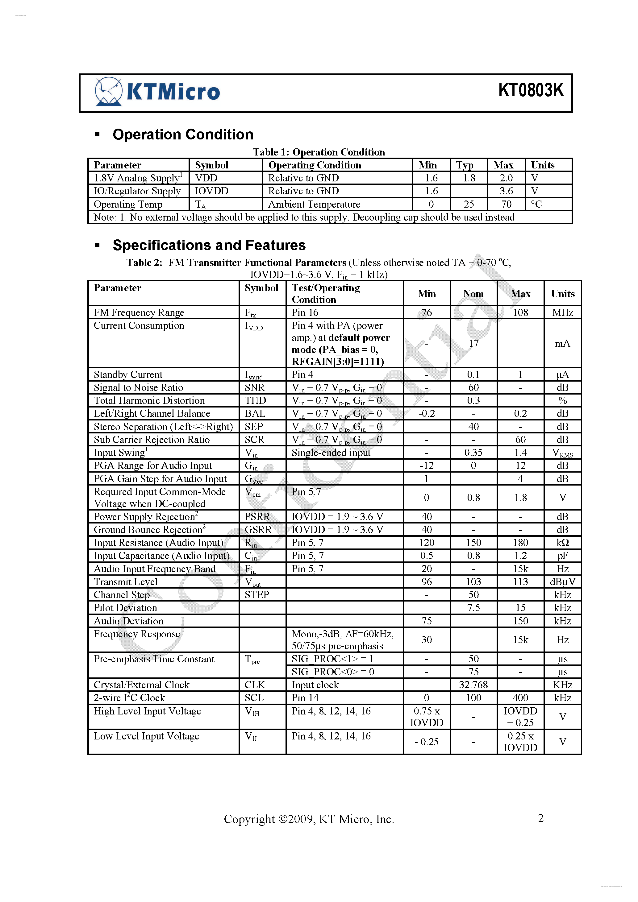 Даташит на микросхему KT0803K страница 2 Даташит KT0803K - Monolithic Digital Stereo FM Transmitter страница 2