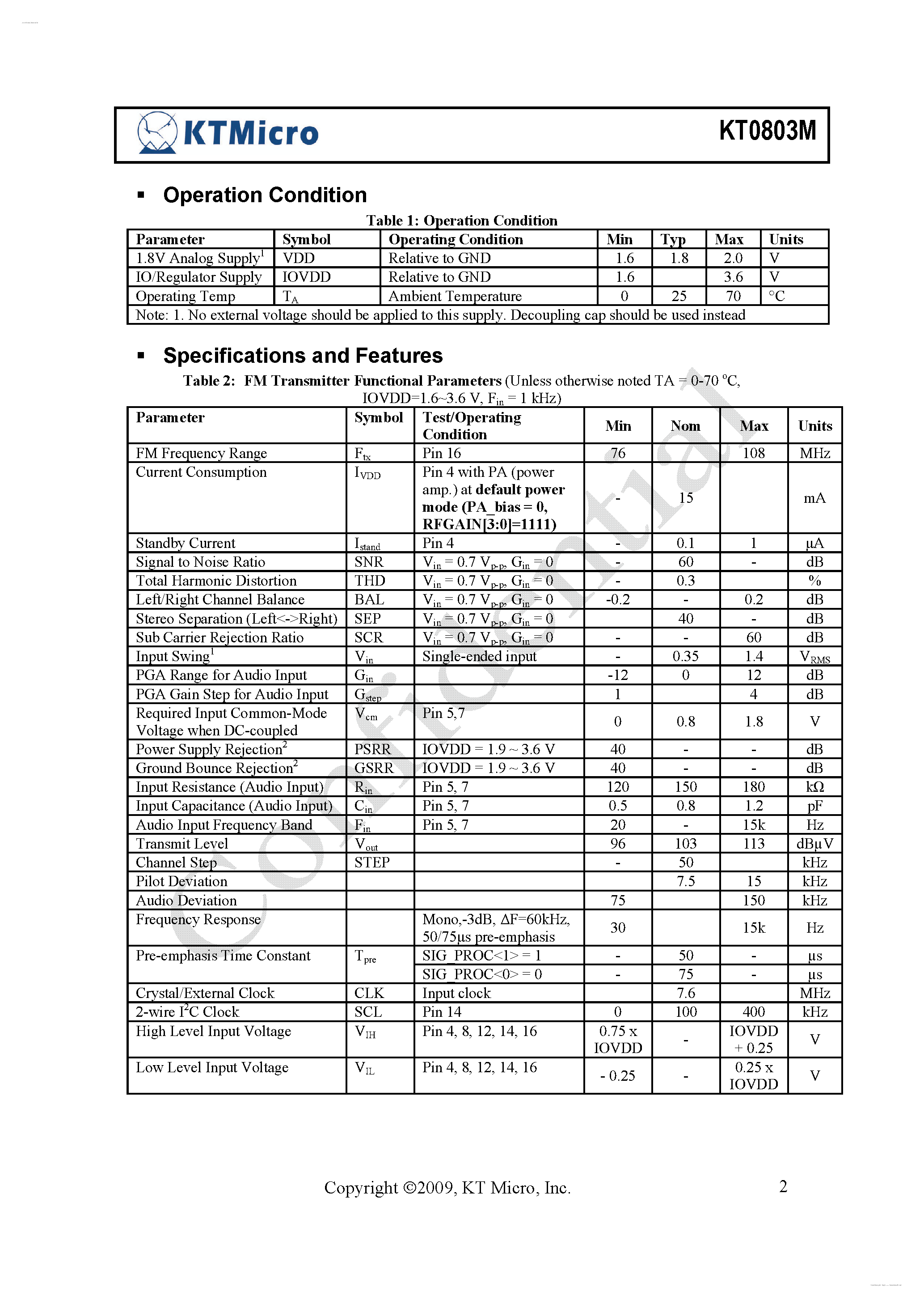 Даташит KT0803M - Monolithic Digital Stereo FM Transmitter страница 2